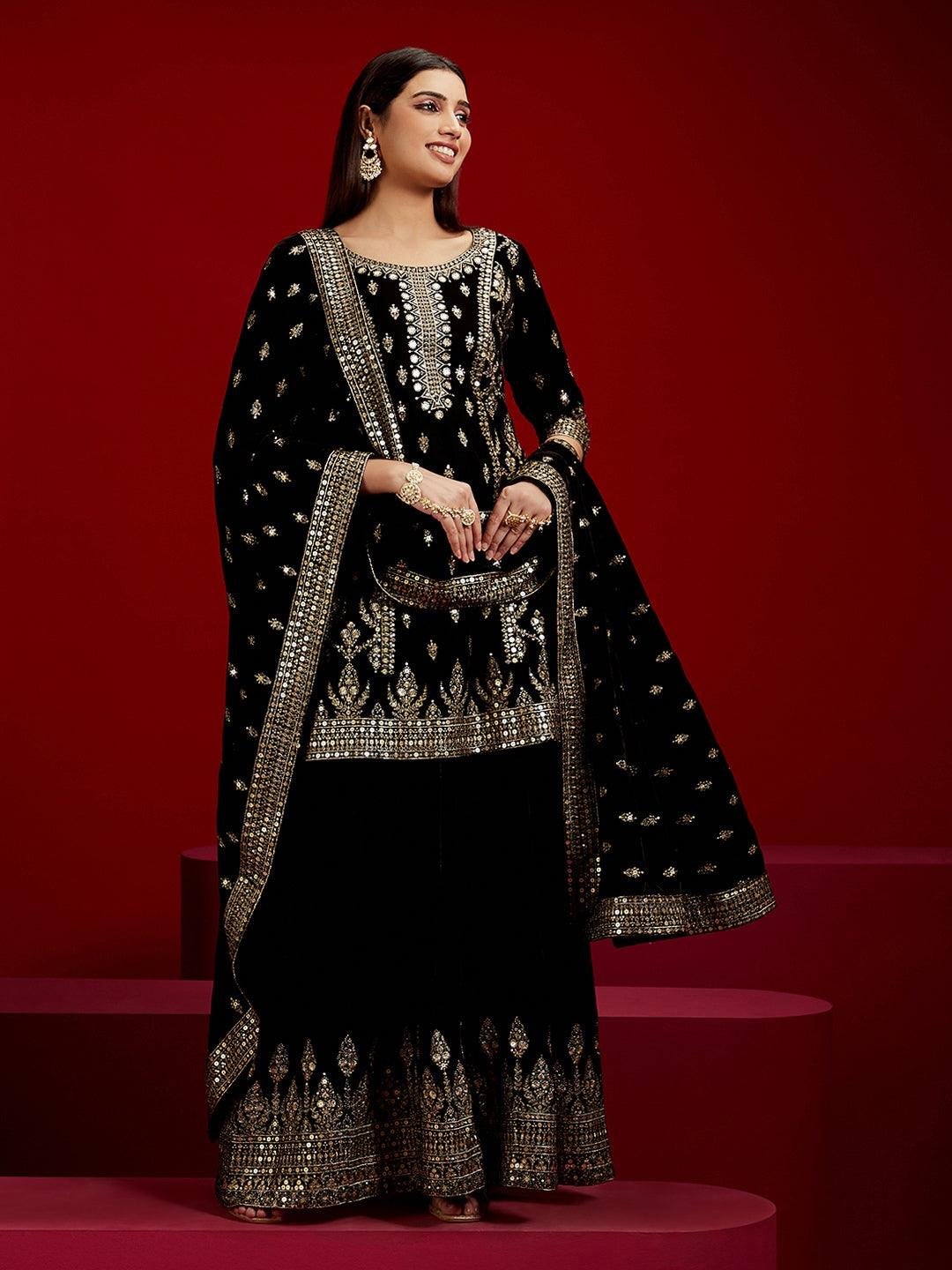 Libas Art Black Embroidered Velvet Straight Kurta With Palazzos & Dupatta - Libas