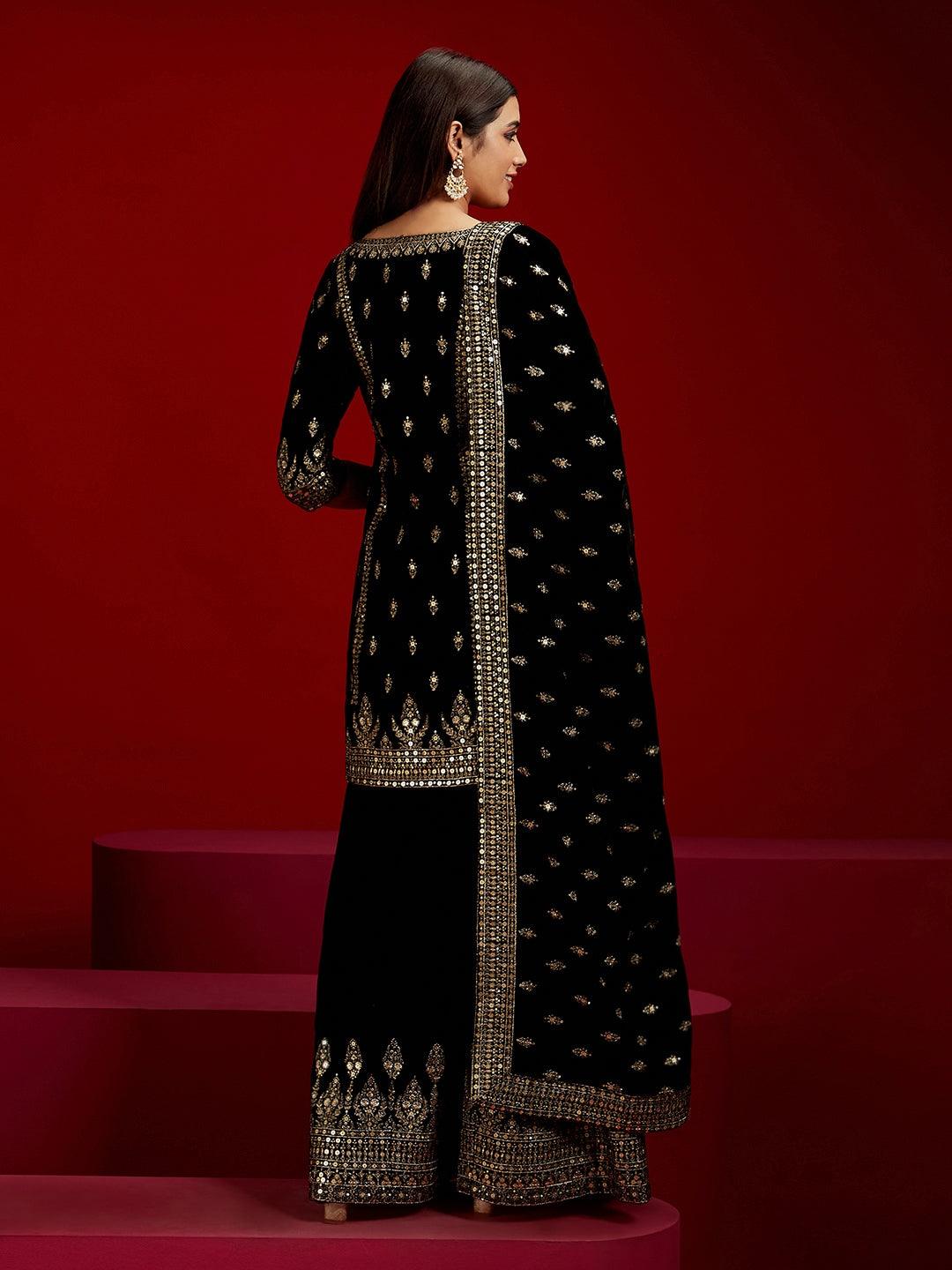 Libas Art Black Embroidered Velvet Straight Kurta With Palazzos & Dupatta - Libas