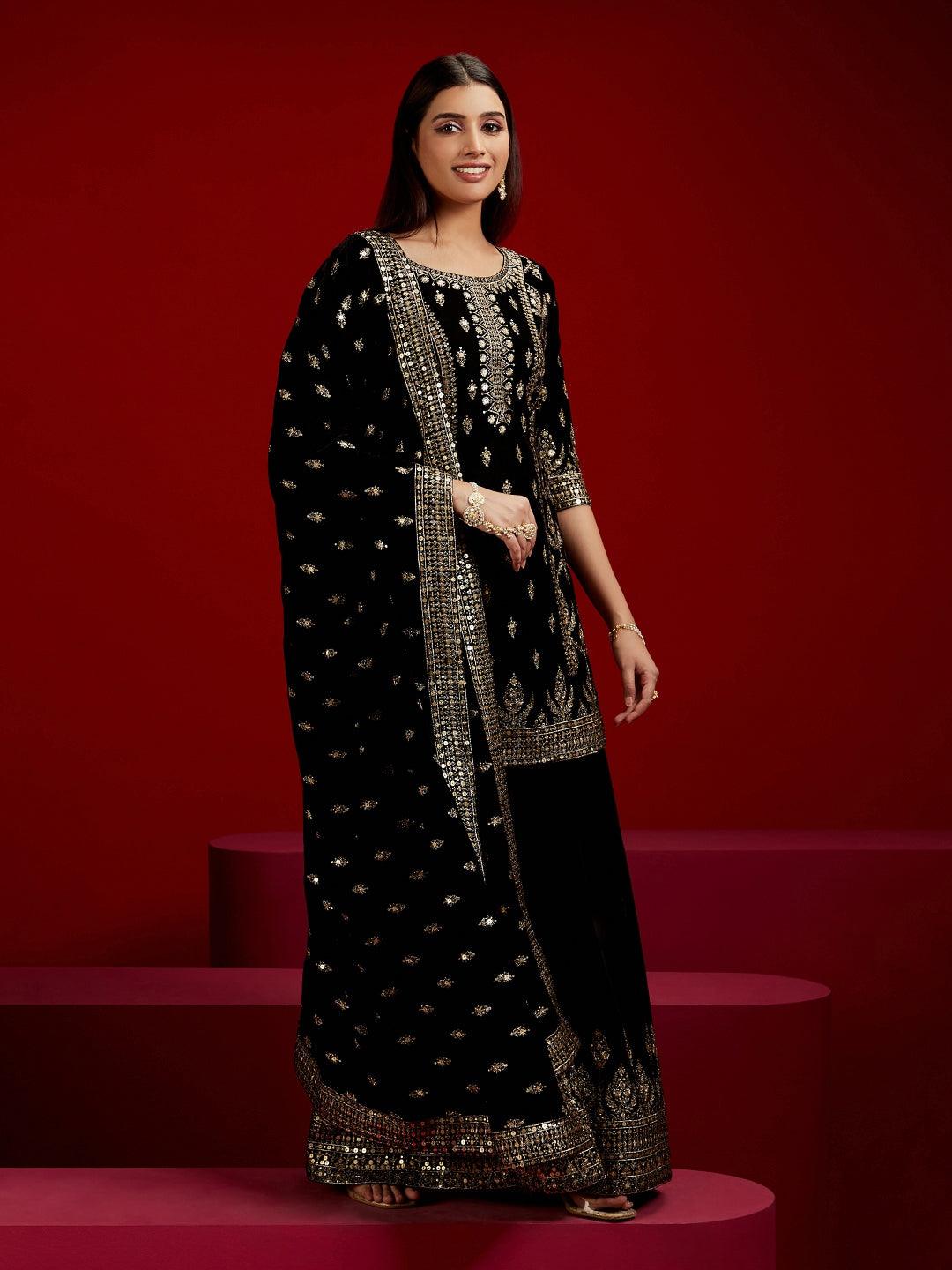 Libas Art Black Embroidered Velvet Straight Kurta With Palazzos & Dupatta - Libas