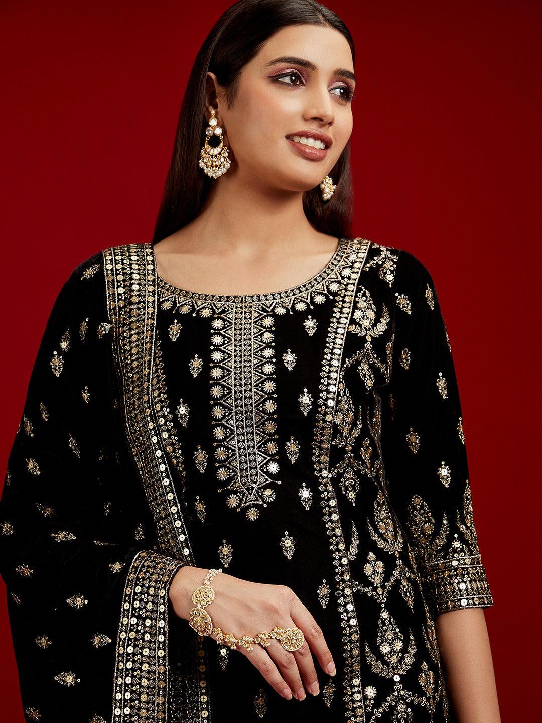 Libas Art Black Embroidered Velvet Straight Kurta With Palazzos & Dupatta - Libas 