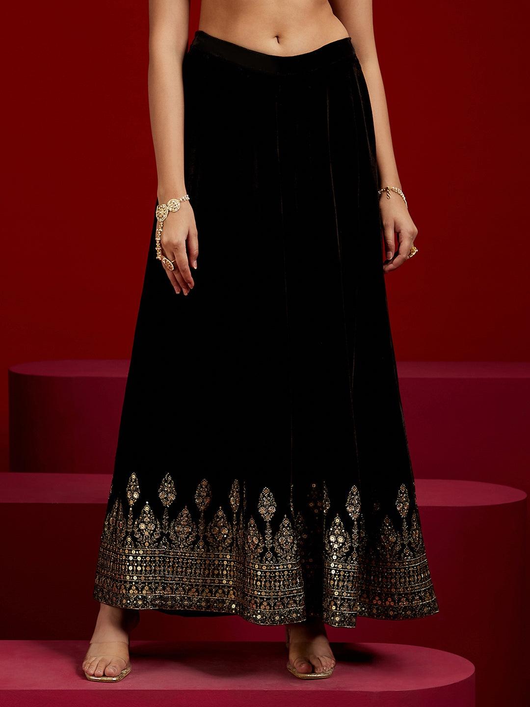 Libas Art Black Embroidered Velvet Straight Kurta With Palazzos & Dupatta - Libas 