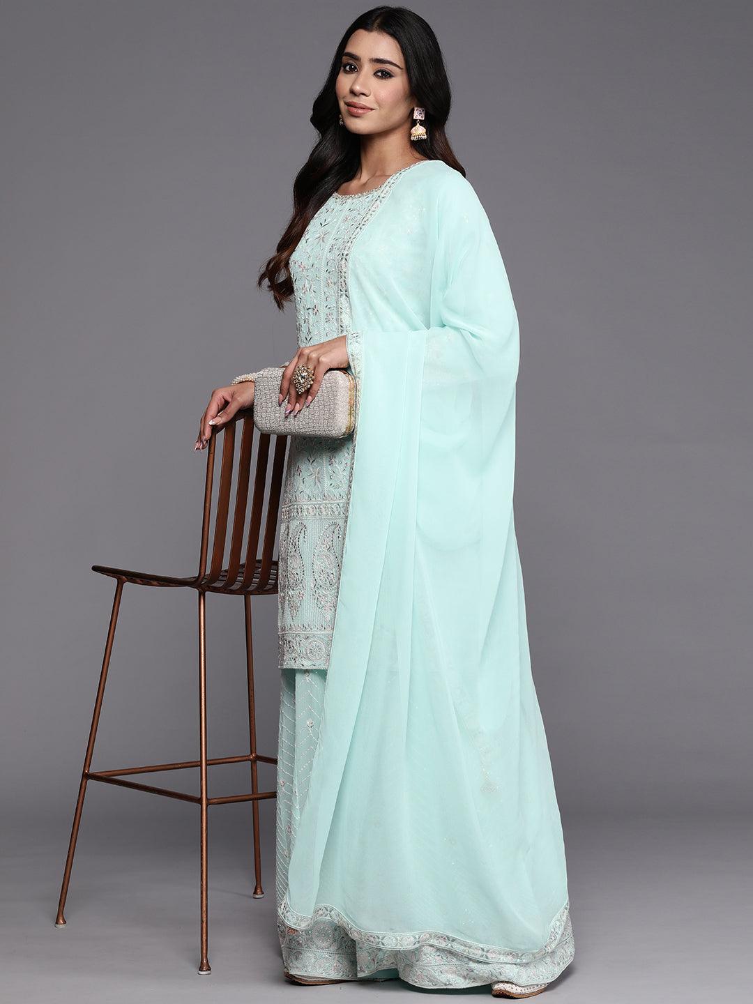 Libas Art Blue Embroidered Georgette Straight Kurta With Palazzos & Dupatta - Libas