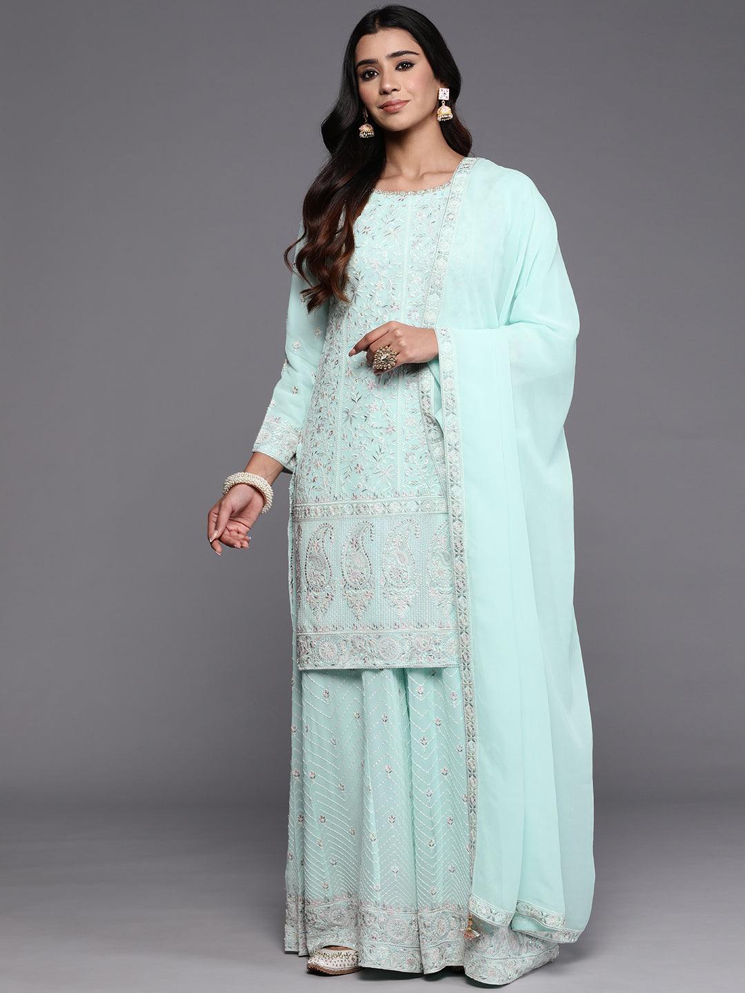 Libas Art Blue Embroidered Georgette Straight Kurta With Palazzos & Dupatta - Libas