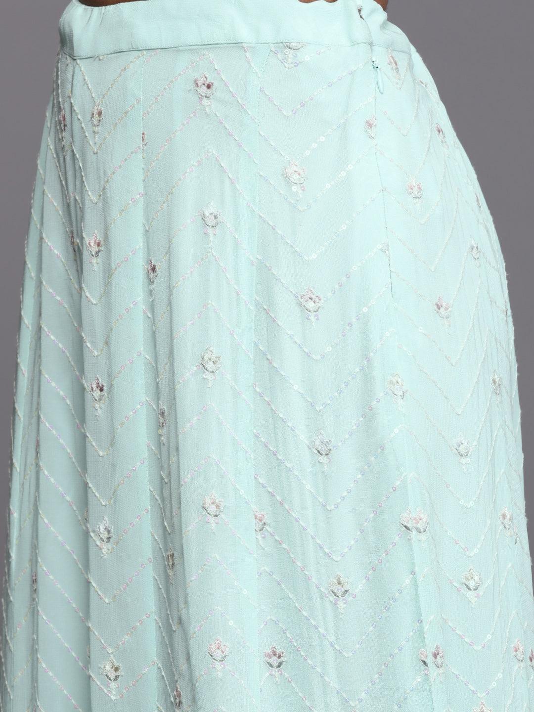 Libas Art Blue Embroidered Georgette Straight Kurta With Palazzos & Dupatta - Libas 