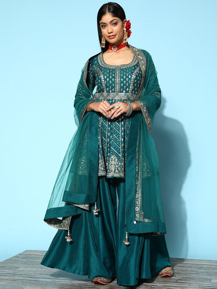 LIbas Art Blue Embroidered Silk A-Line Suit Set With Palazzos - Libas