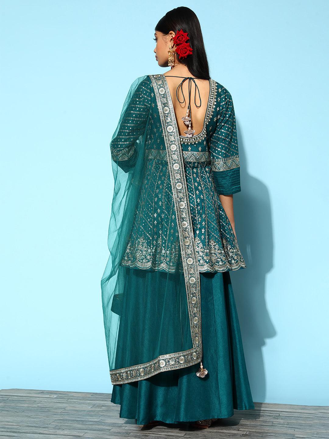 LIbas Art Blue Embroidered Silk A-Line Suit Set With Palazzos - Libas 