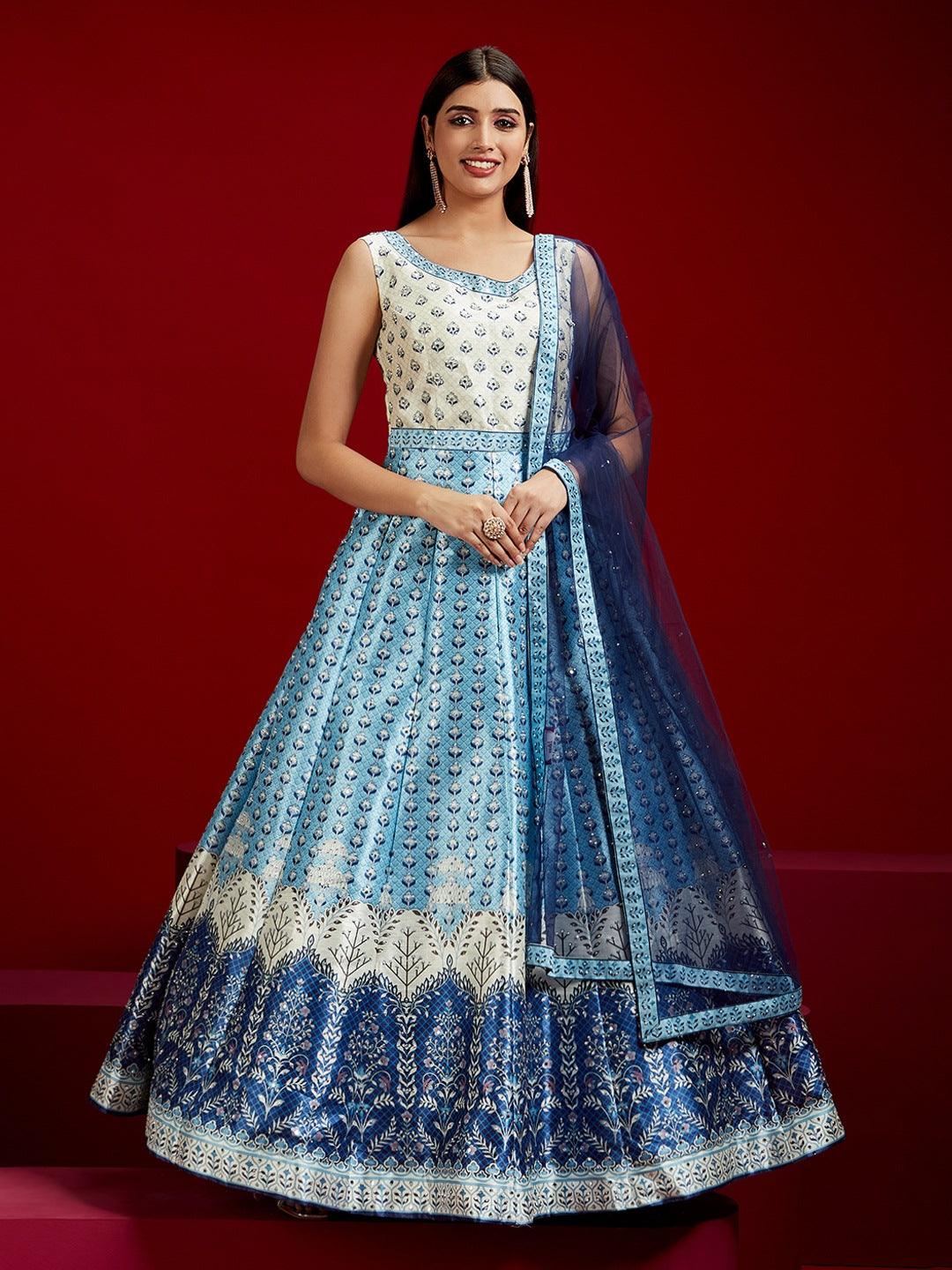 Libas Art Blue Printed Silk Gown - Libas