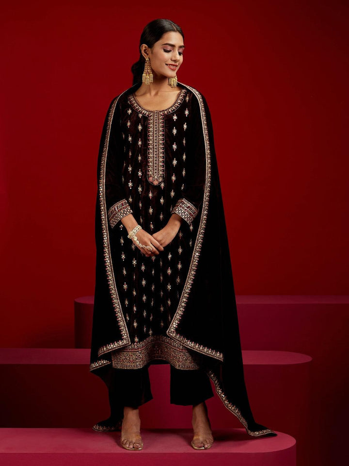 Libas Art Brown Embroidered Velvet Straight Kurta With Trousers & Dupatta - Libas