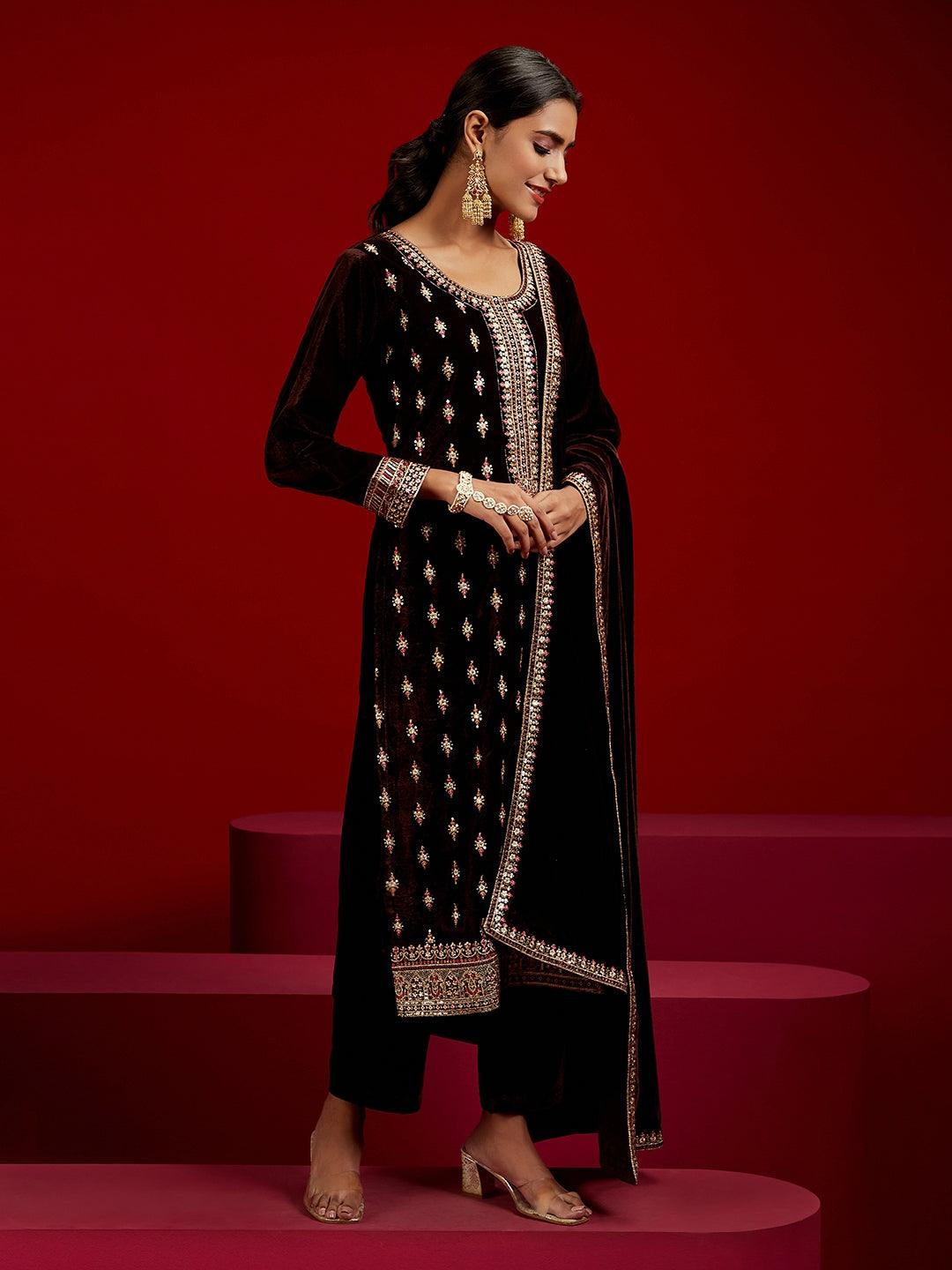 Libas Art Brown Embroidered Velvet Straight Kurta With Trousers & Dupatta - Libas