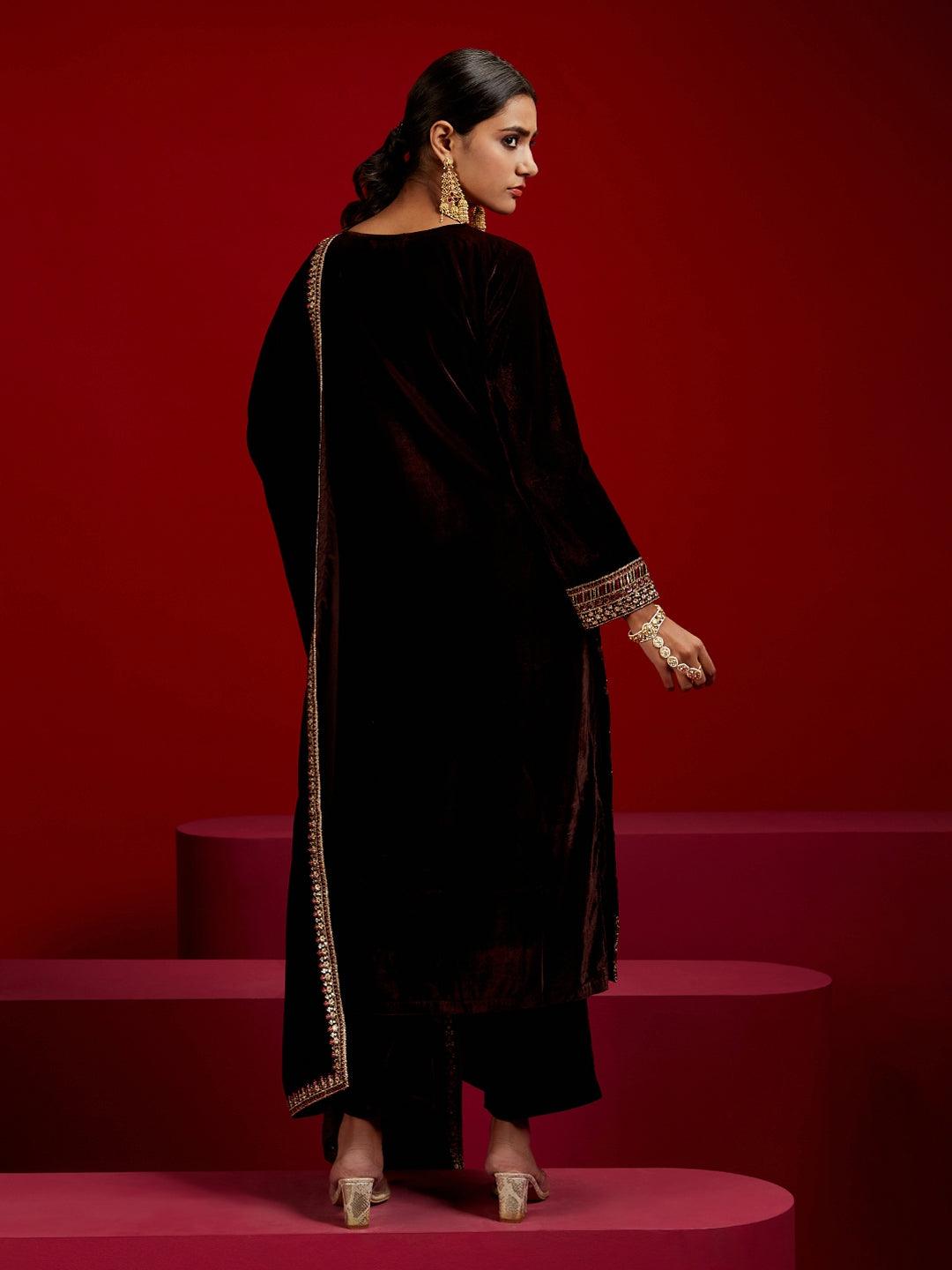 Libas Art Brown Embroidered Velvet Straight Kurta With Trousers & Dupatta - Libas