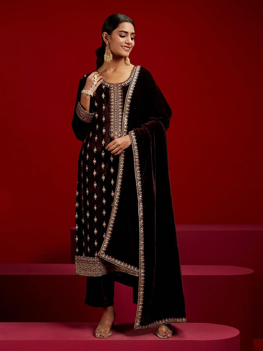 Libas Art Brown Embroidered Velvet Straight Kurta With Trousers & Dupatta - Libas