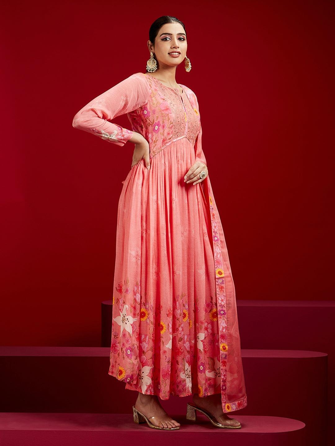 Libas Art Coral Printed Silk Chiffon Anarkali Kurta With Trousers & Dupatta - Libas