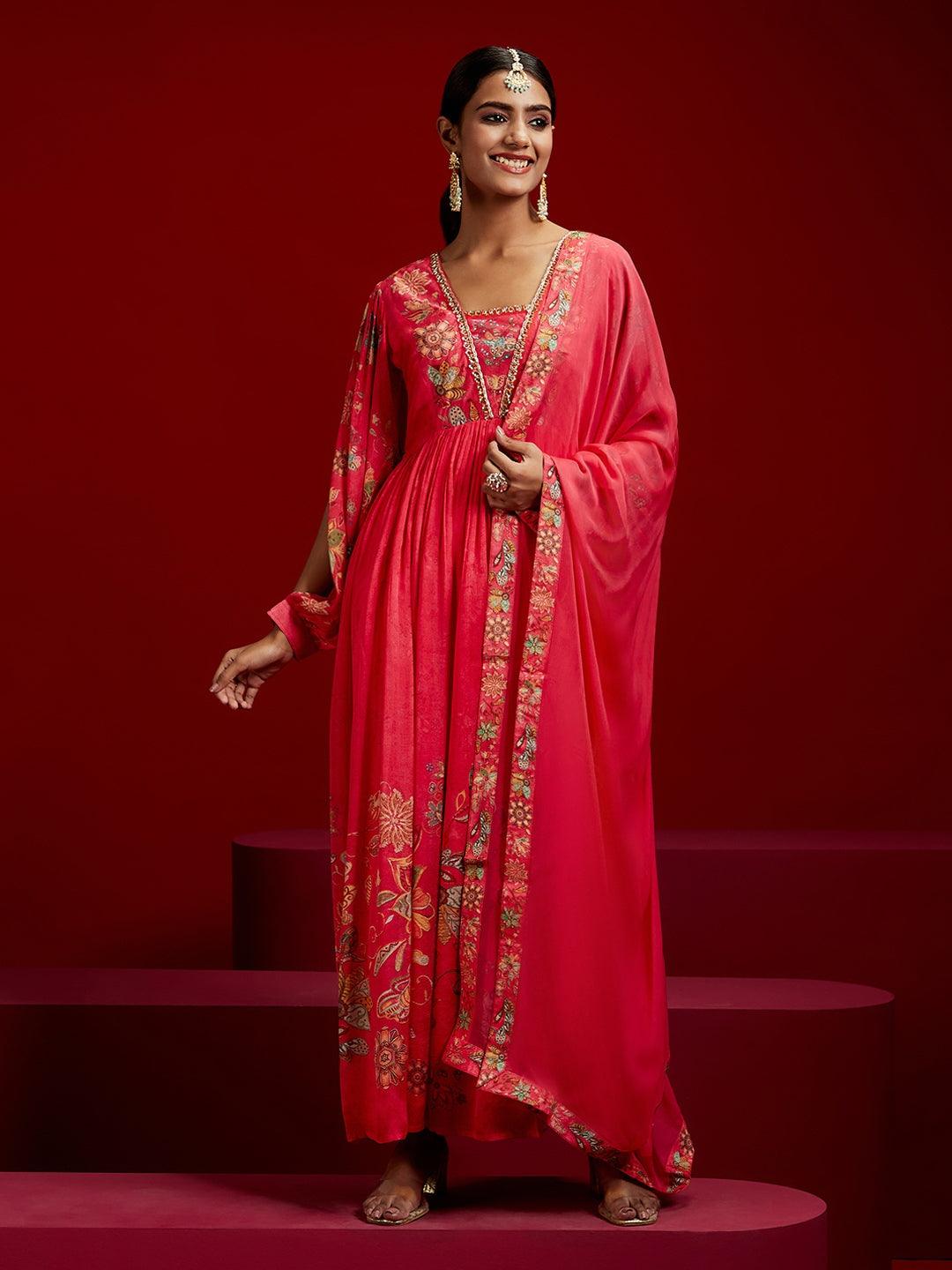 Libas Art Coral Printed Silk Chiffon Anarkali Kurta With Trousers & Dupatta - Libas