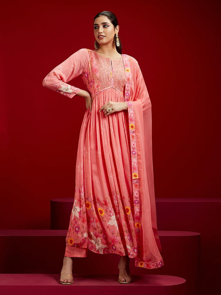 Libas Art Coral Printed Silk Chiffon Anarkali Kurta With Trousers & Dupatta - Libas