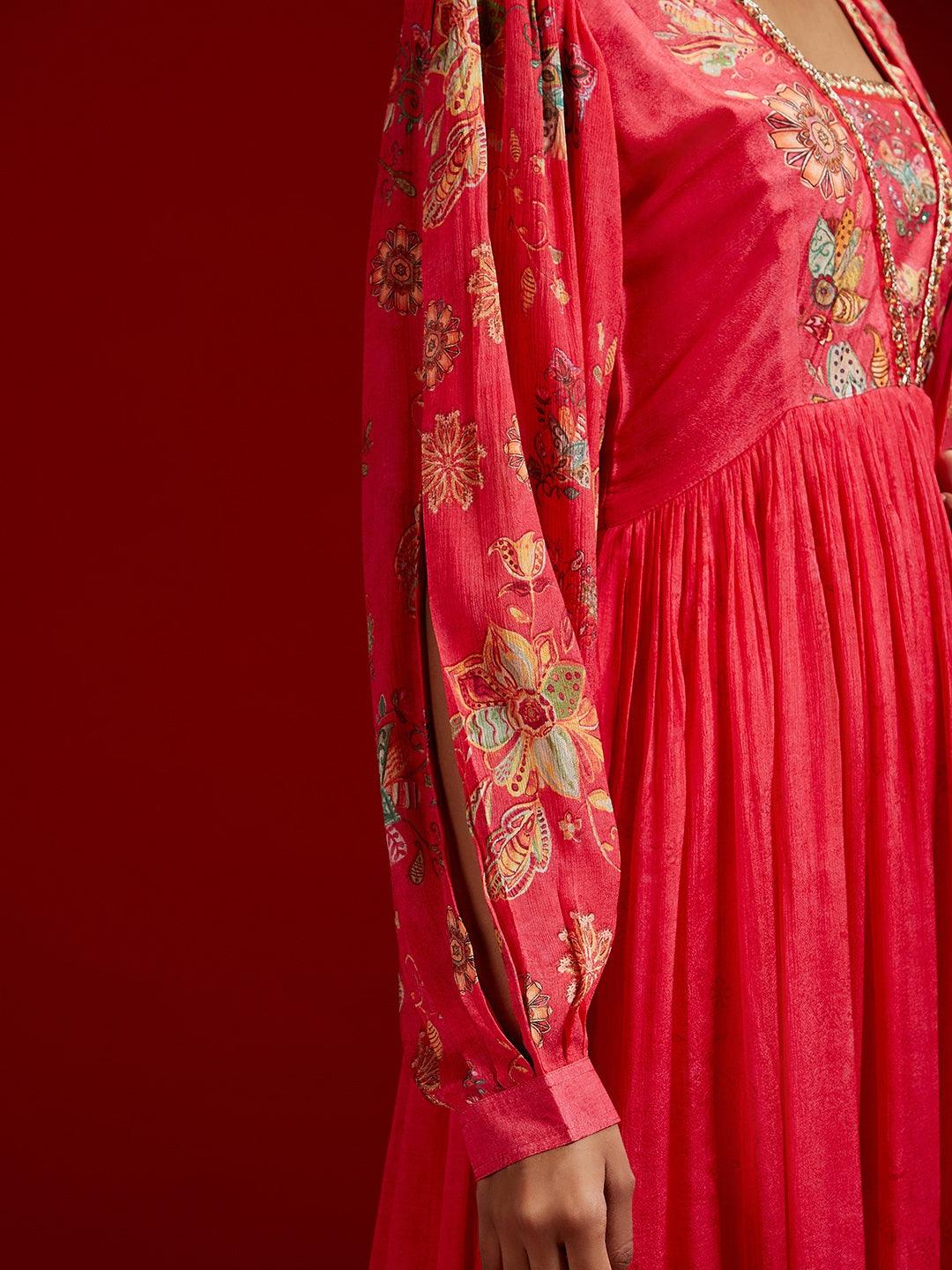 Libas Art Coral Printed Silk Chiffon Anarkali Kurta With Trousers & Dupatta - Libas