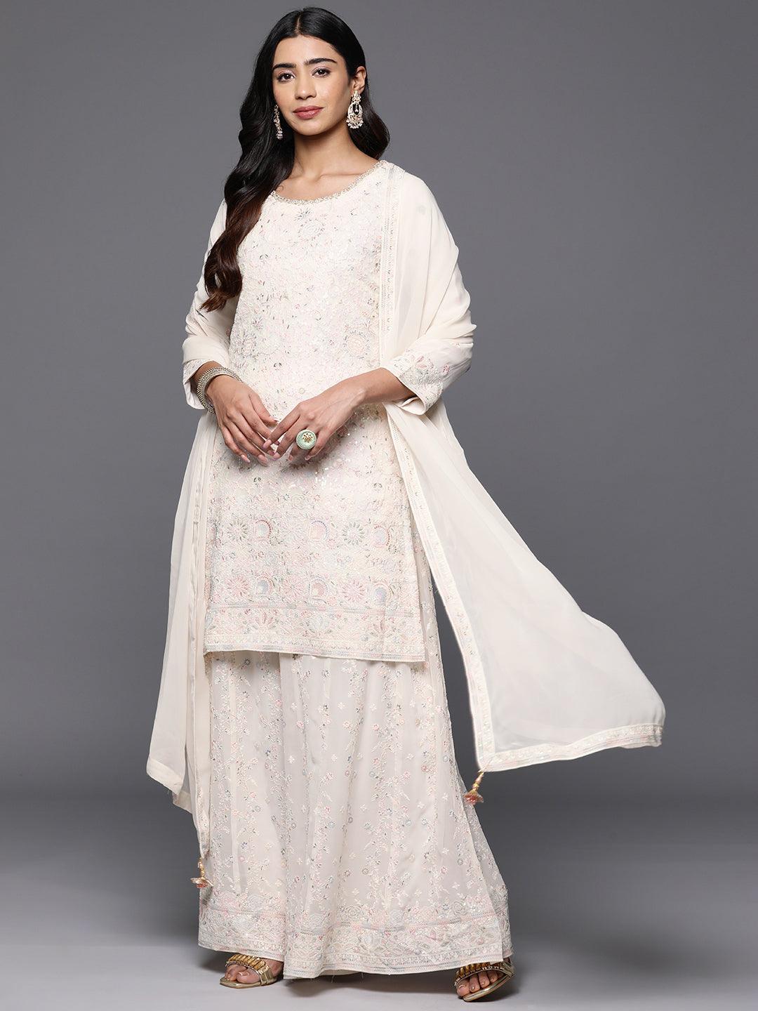 Libas Art Cream Embroidered Georgette Straight Kurta With Palazzos & Dupatta - Libas 