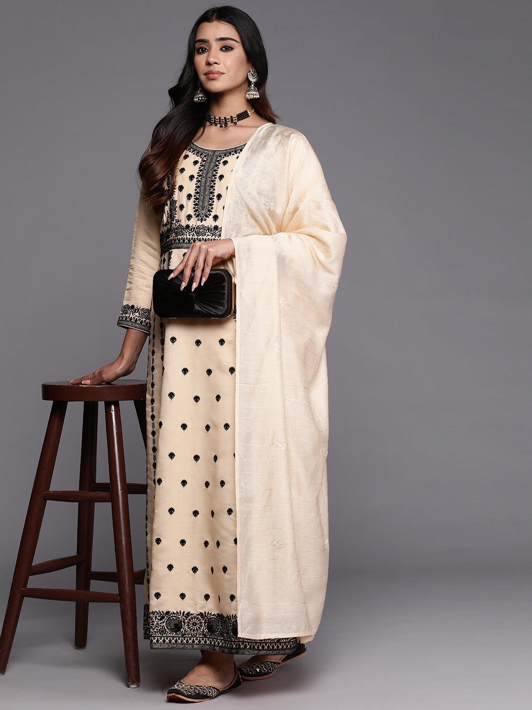 Libas Art Cream Embroidered Silk Blend A-Line Kurta With Trousers & Dupatta - Libas 