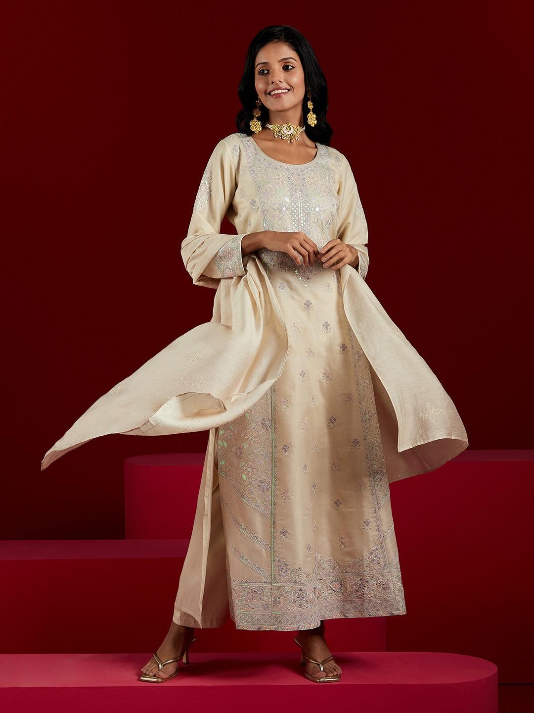 Libas Art Cream Embroidered Silk Blend A-Line Kurta With Trousers & Dupatta - Libas 