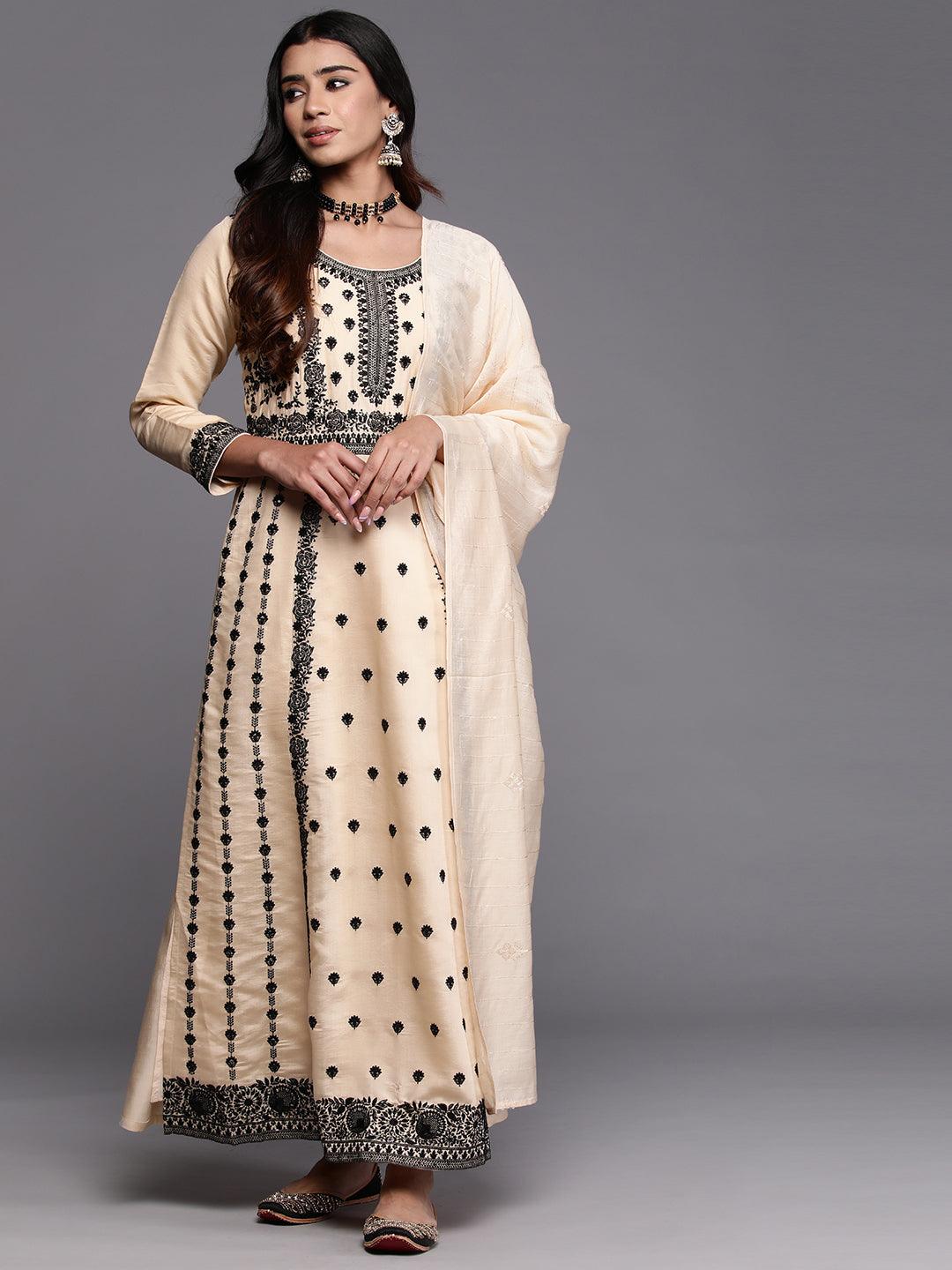 Libas Art Cream Embroidered Silk Blend A-Line Kurta With Trousers & Dupatta - Libas 