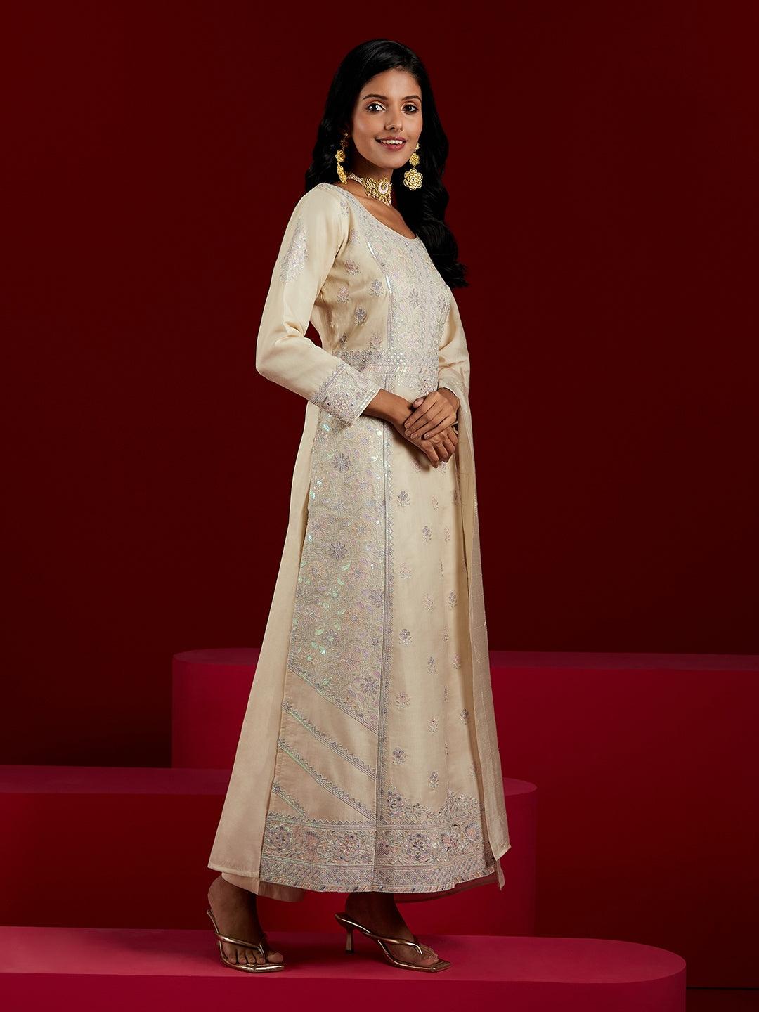 Libas Art Cream Embroidered Silk Blend A-Line Kurta With Trousers & Dupatta - Libas 