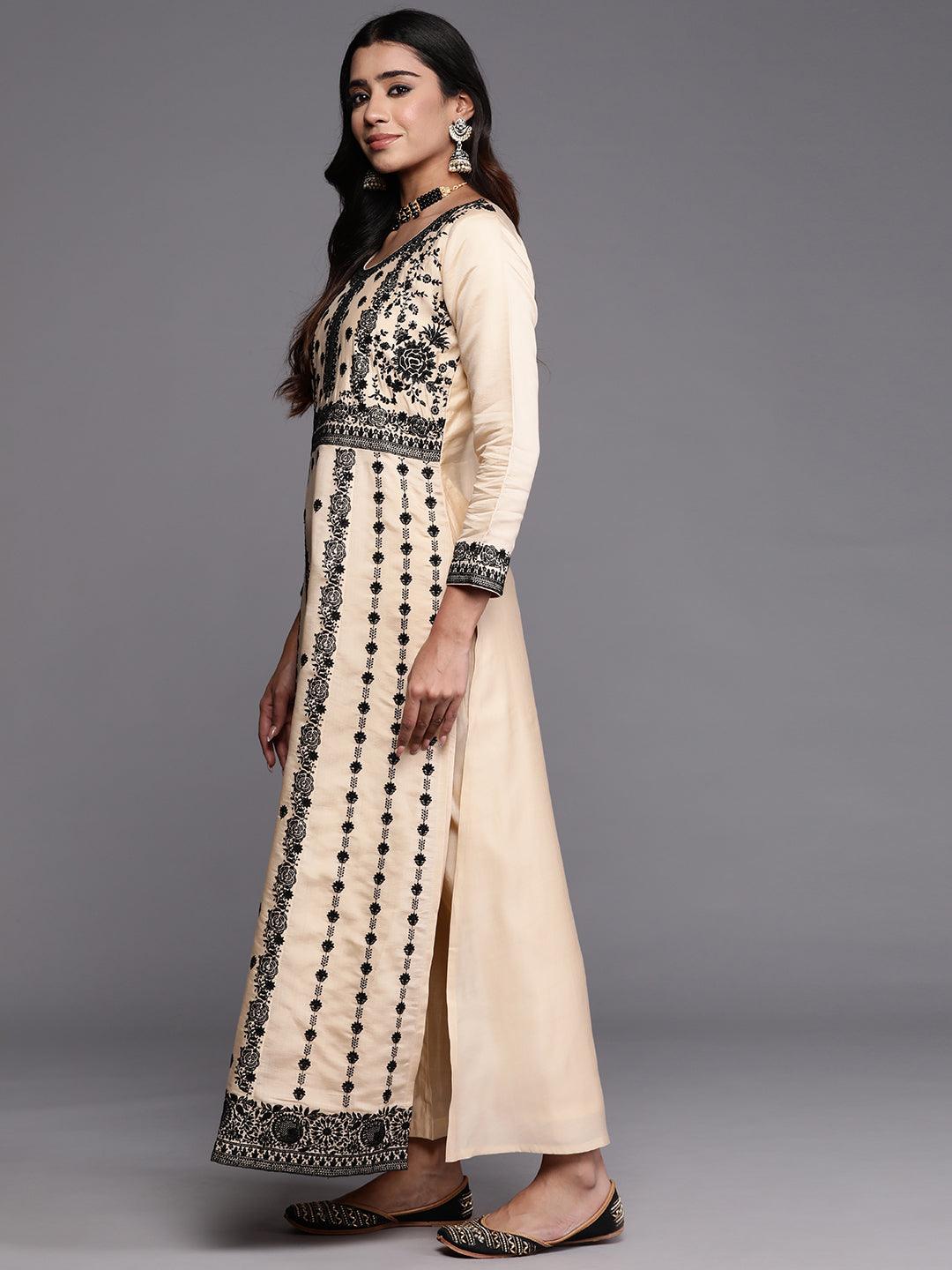 Libas Art Cream Embroidered Silk Blend A-Line Kurta With Trousers & Dupatta - Libas