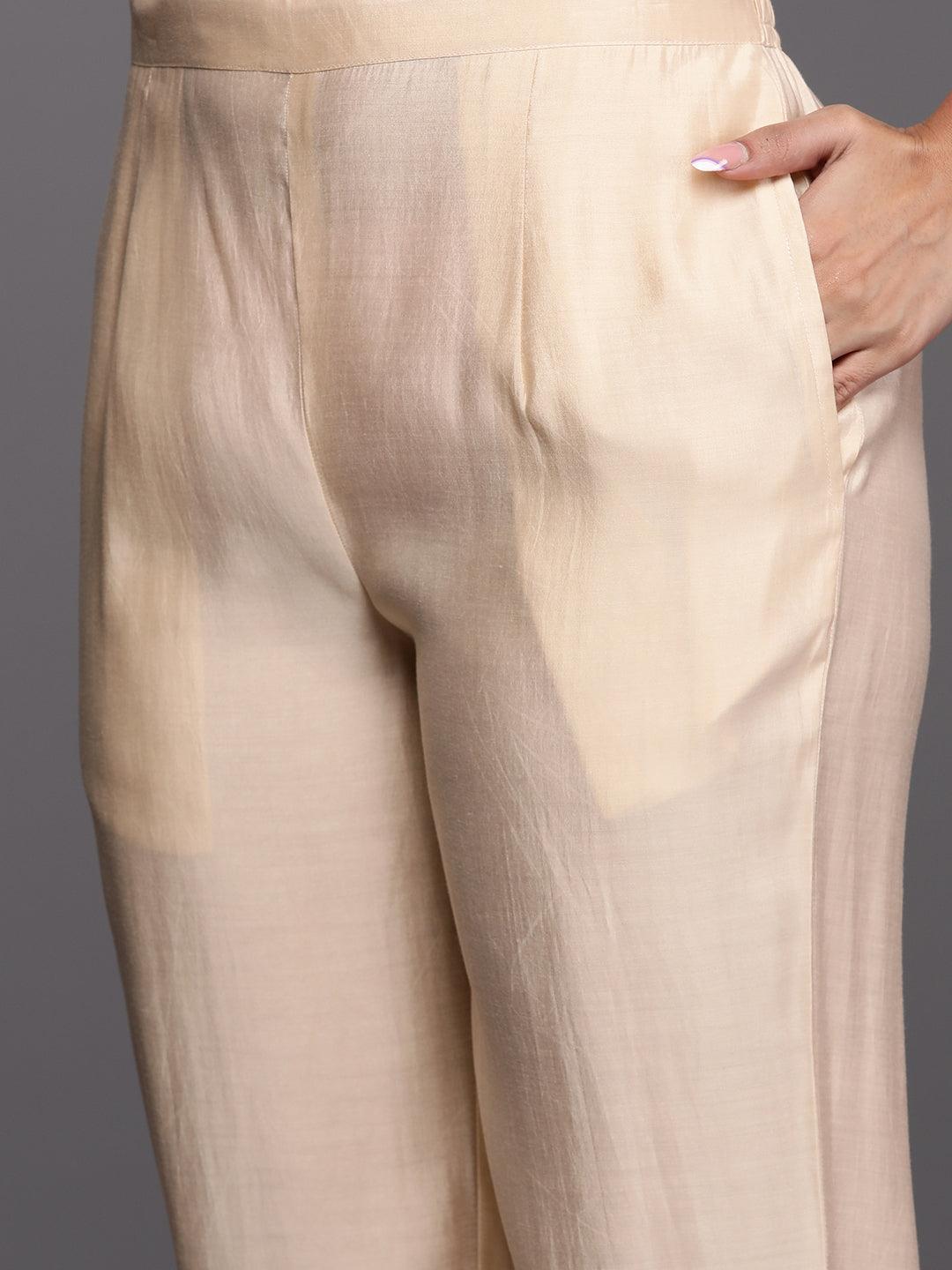 Libas Art Cream Embroidered Silk Blend A-Line Kurta With Trousers & Dupatta