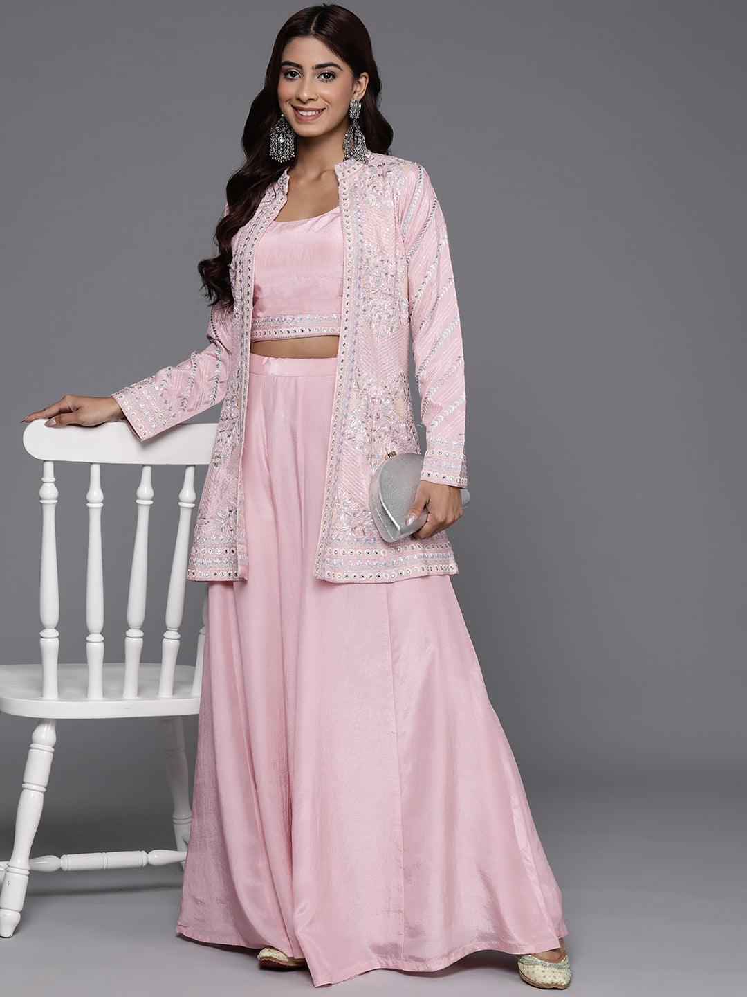 Libas Art Dusky Pink Embroidered Silk Blend Top With Palazzos & Jacket - Libas 