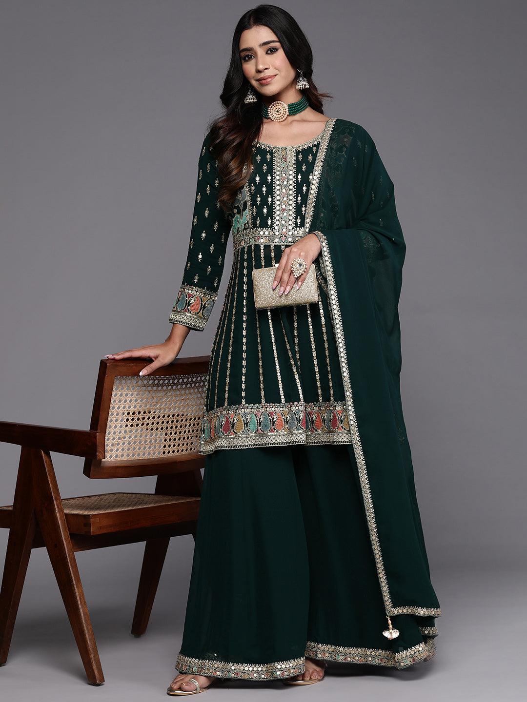 Libas Art Green Embroidered Georgette Anarkali Kurta With Palazzos & Dupatta - Libas