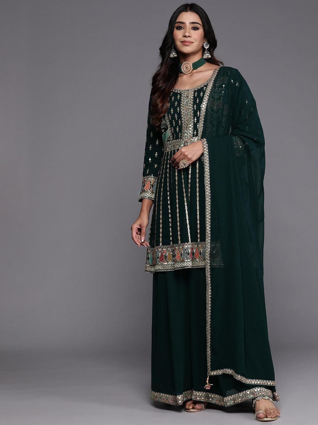 Libas Art Green Embroidered Georgette Anarkali Kurta With Palazzos & Dupatta - Libas 