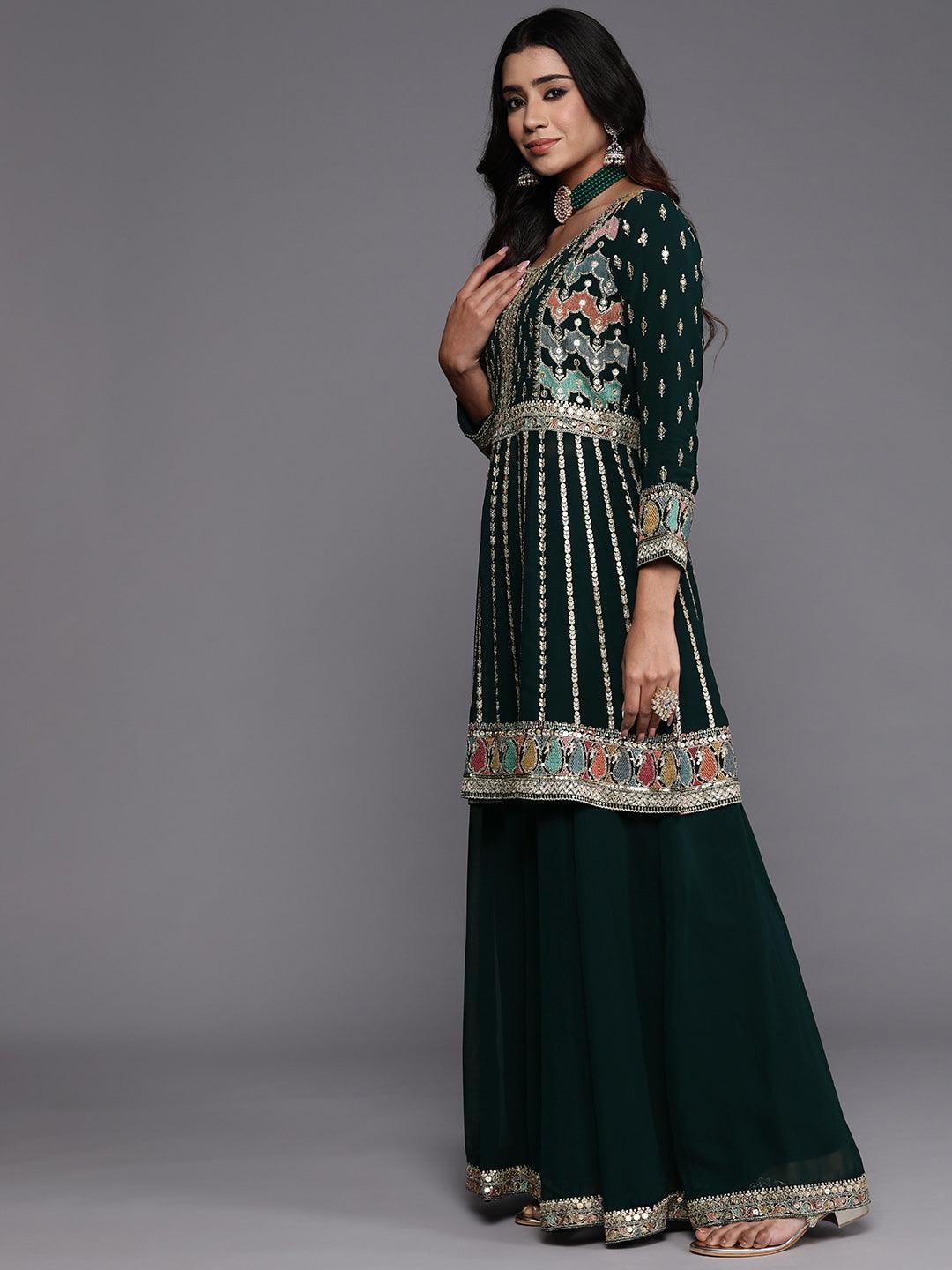 Libas Art Green Embroidered Georgette Anarkali Kurta With Palazzos & Dupatta - Libas