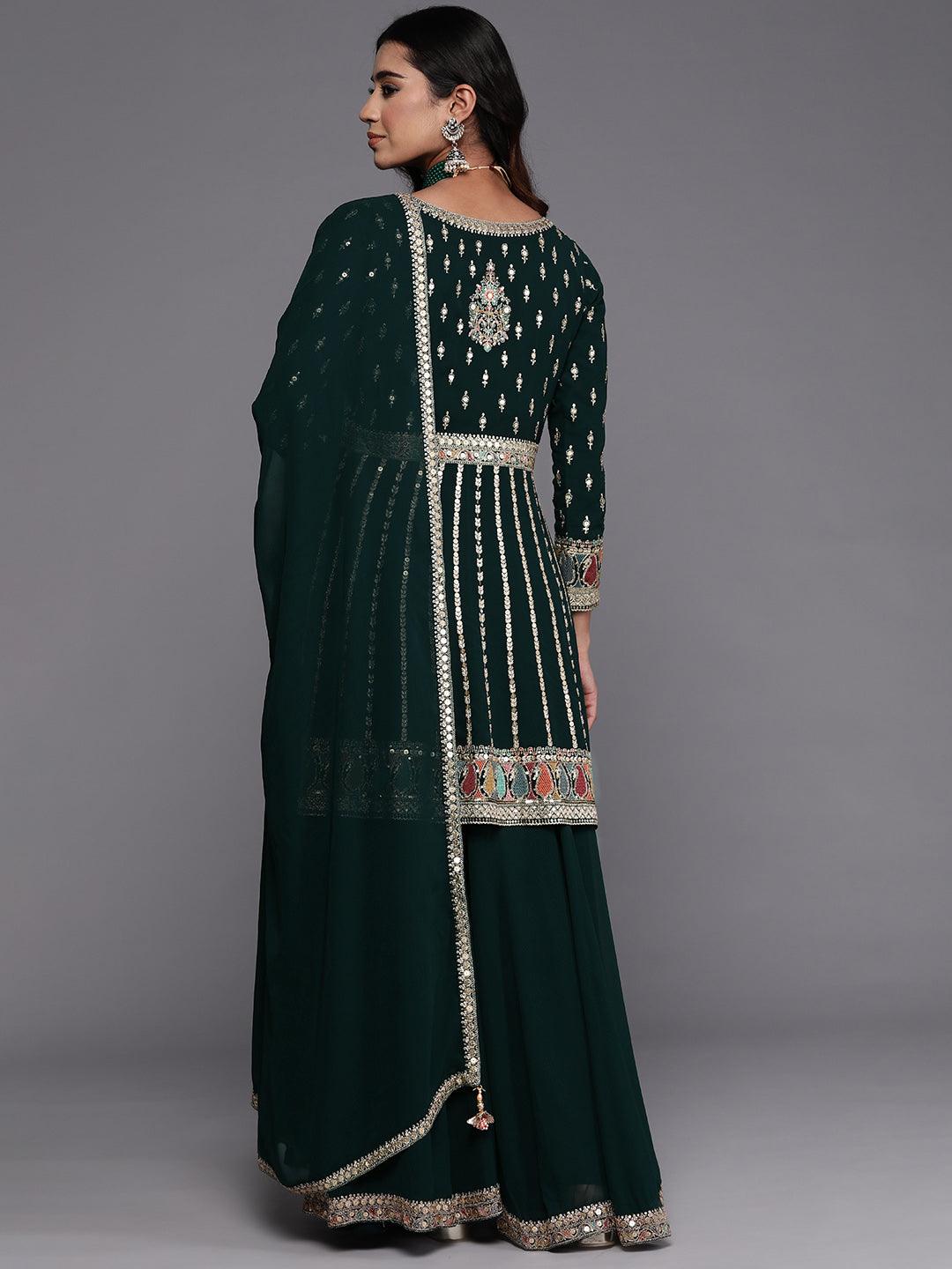 Libas Art Green Embroidered Georgette Anarkali Kurta With Palazzos & Dupatta - Libas