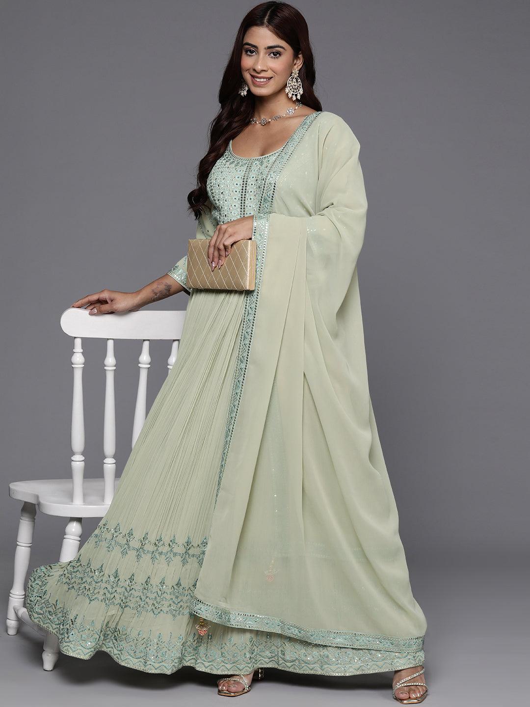 Libas Art Green Embroidered Georgette Anarkali Kurta With Trousers & Dupatta - Libas 