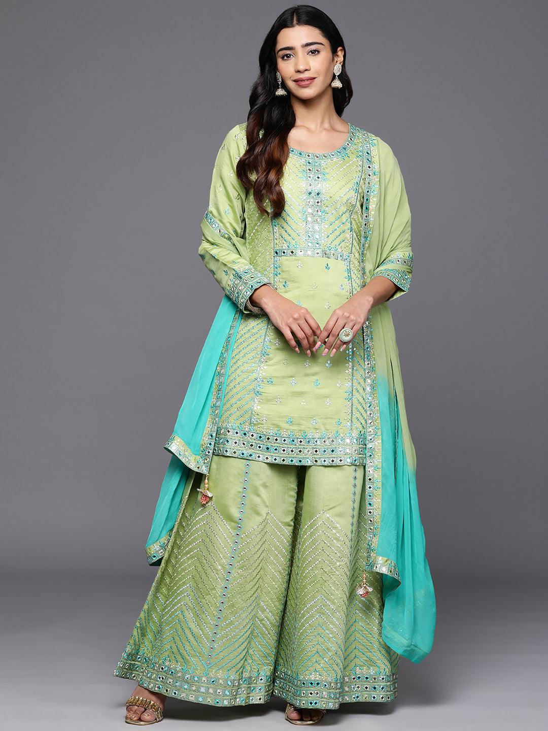 Libas Art Green Embroidered Silk Blend Straight Kurta With Palazzos & Dupatta - Libas 