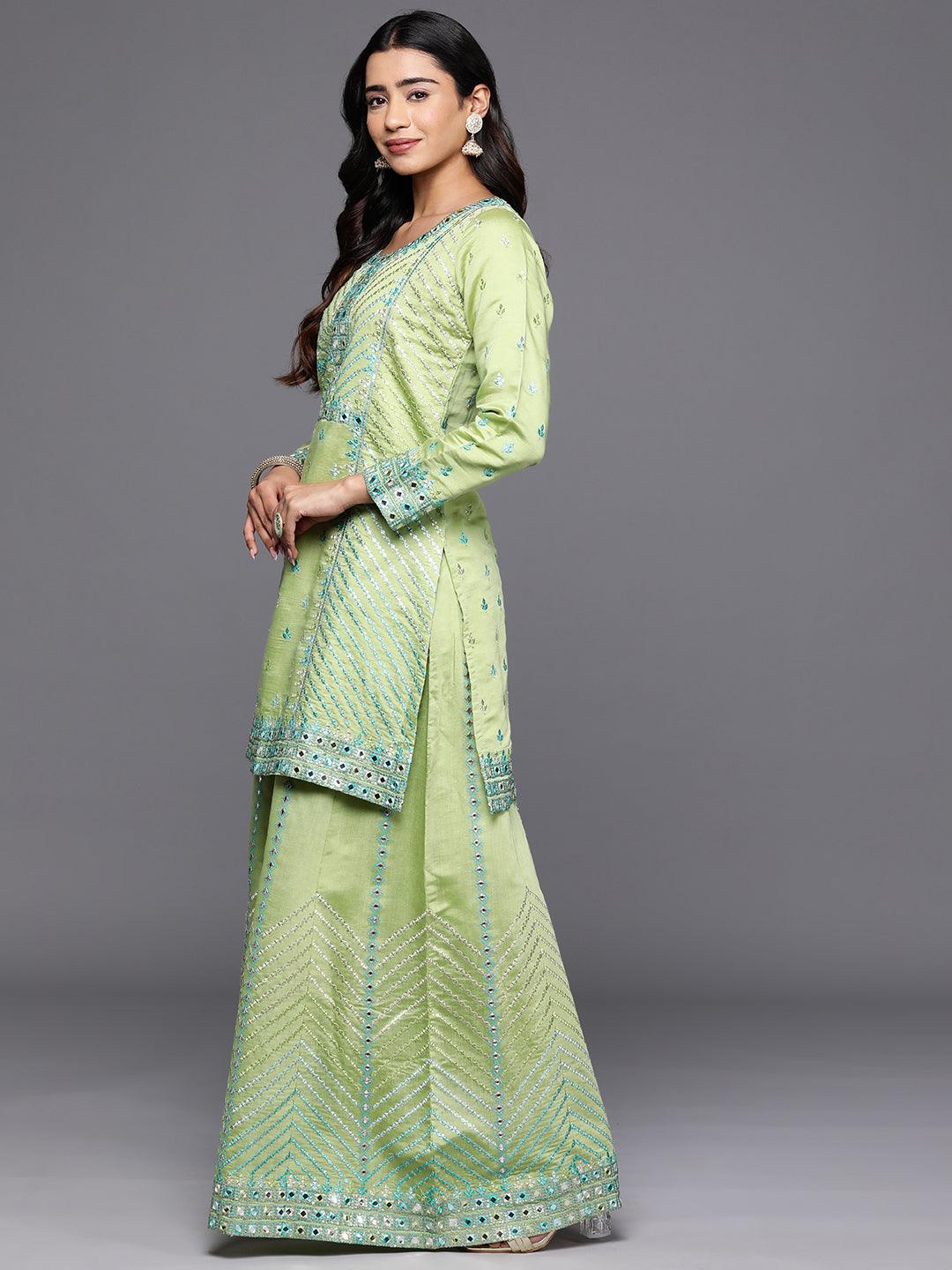 Libas Art Green Embroidered Silk Blend Straight Kurta With Palazzos & Dupatta - Libas