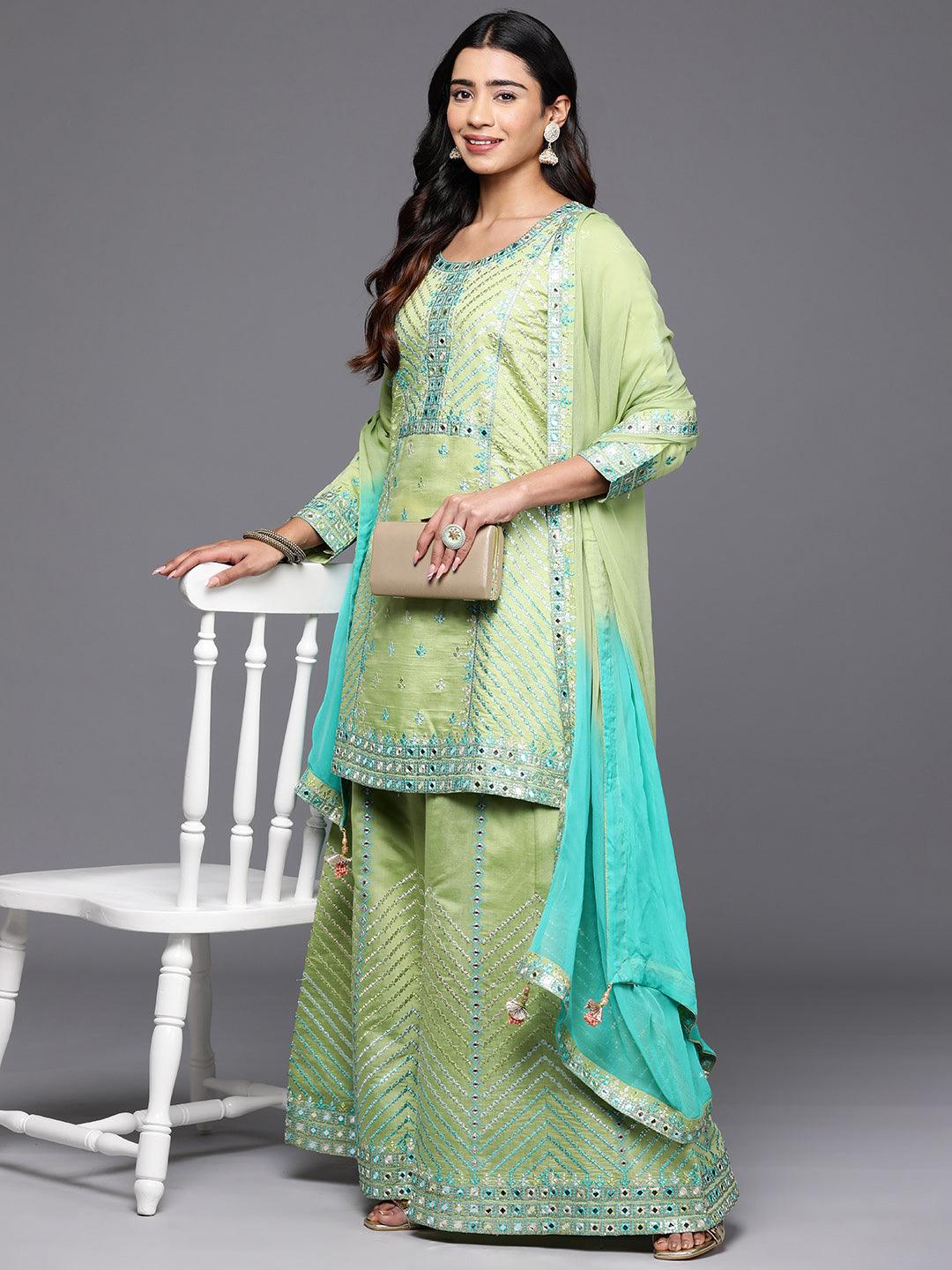 Libas Art Green Embroidered Silk Blend Straight Kurta With Palazzos & Dupatta - Libas 