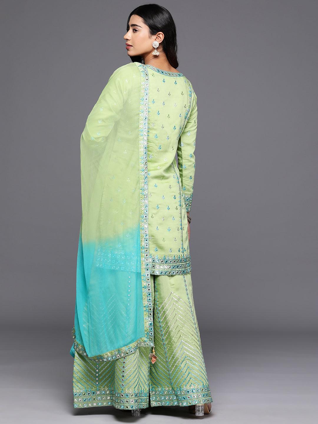 Libas Art Green Embroidered Silk Blend Straight Kurta With Palazzos & Dupatta - Libas 