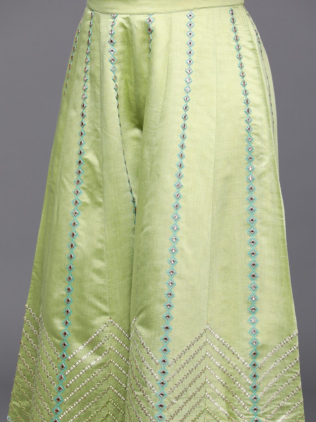 Libas Art Green Embroidered Silk Blend Straight Kurta With Palazzos & Dupatta - Libas 