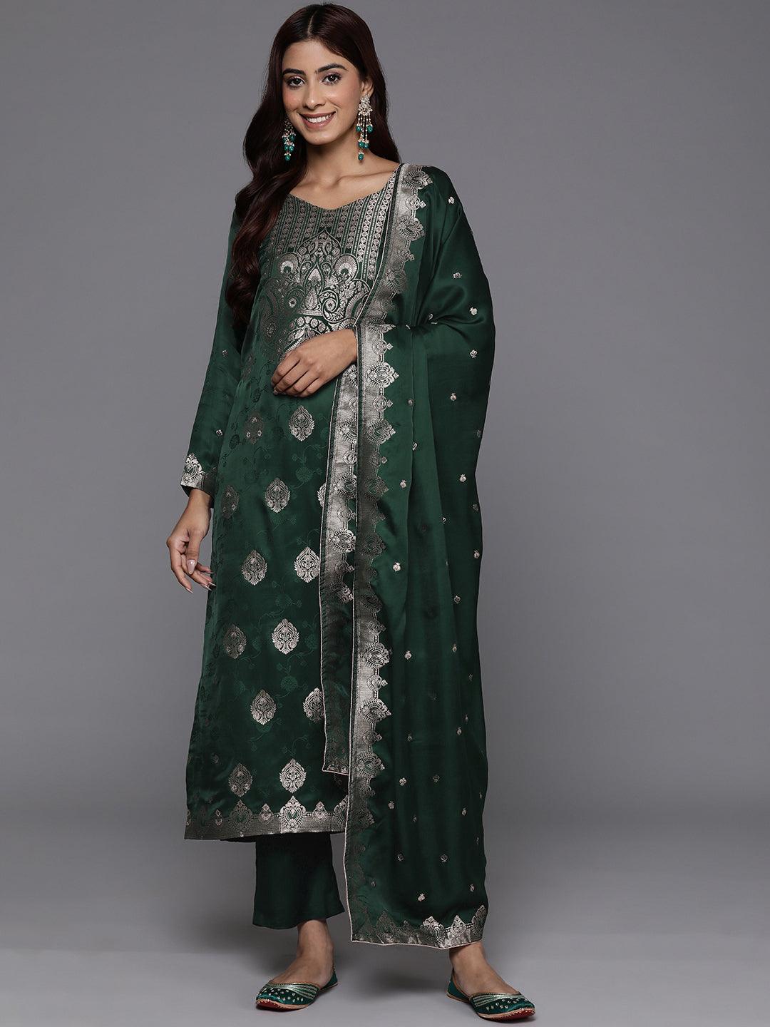 Libas Art Green Embroidered Silk Straight Kurta With Trousers & Dupatta - Libas 