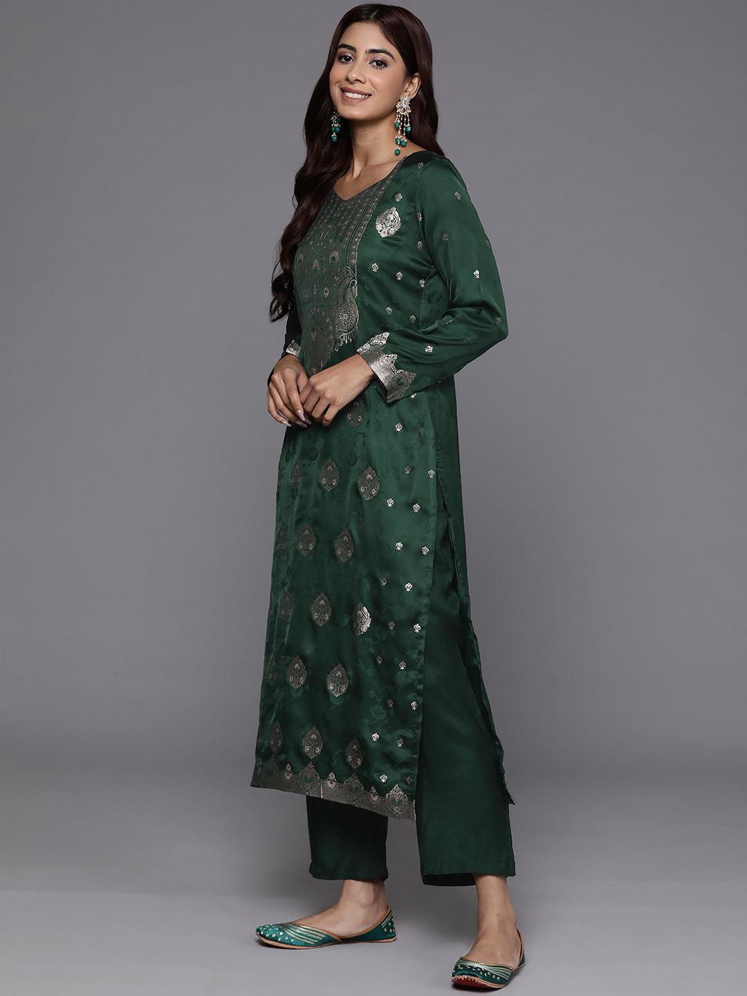 Libas Art Green Embroidered Silk Straight Kurta With Trousers & Dupatta - Libas 