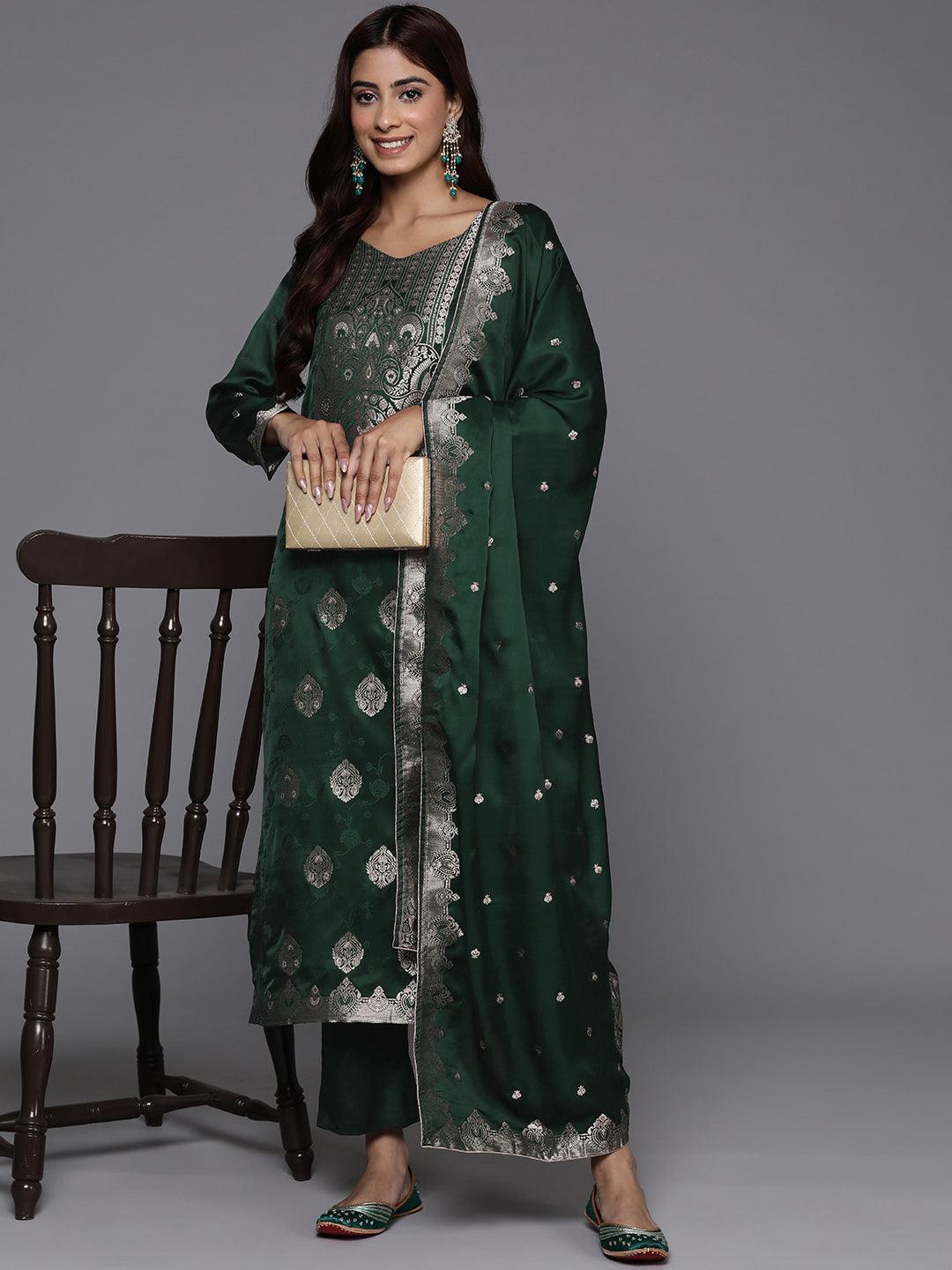 Libas Art Green Embroidered Silk Straight Kurta With Trousers & Dupatta - Libas 