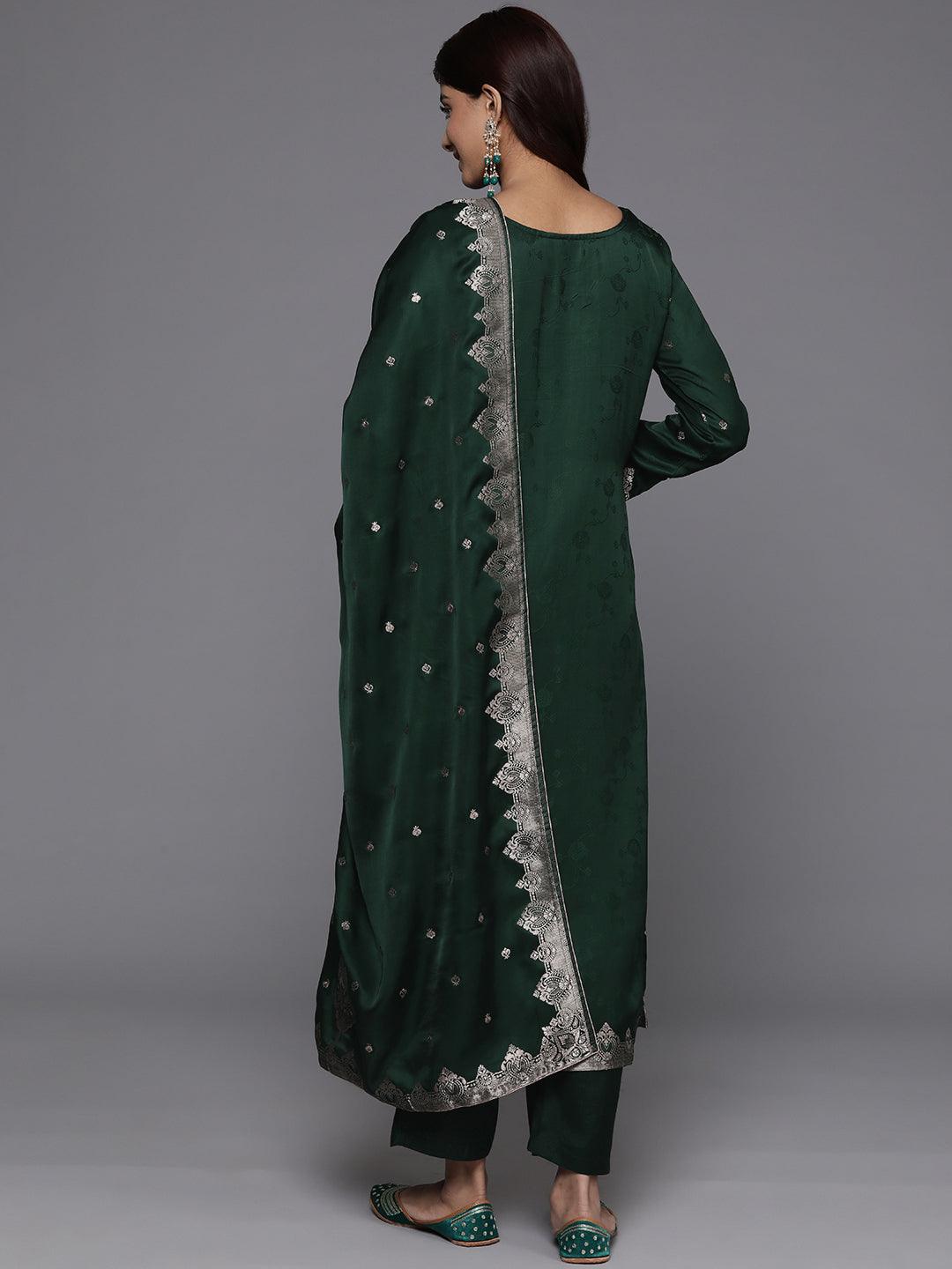 Libas Art Green Embroidered Silk Straight Kurta With Trousers & Dupatta - Libas 