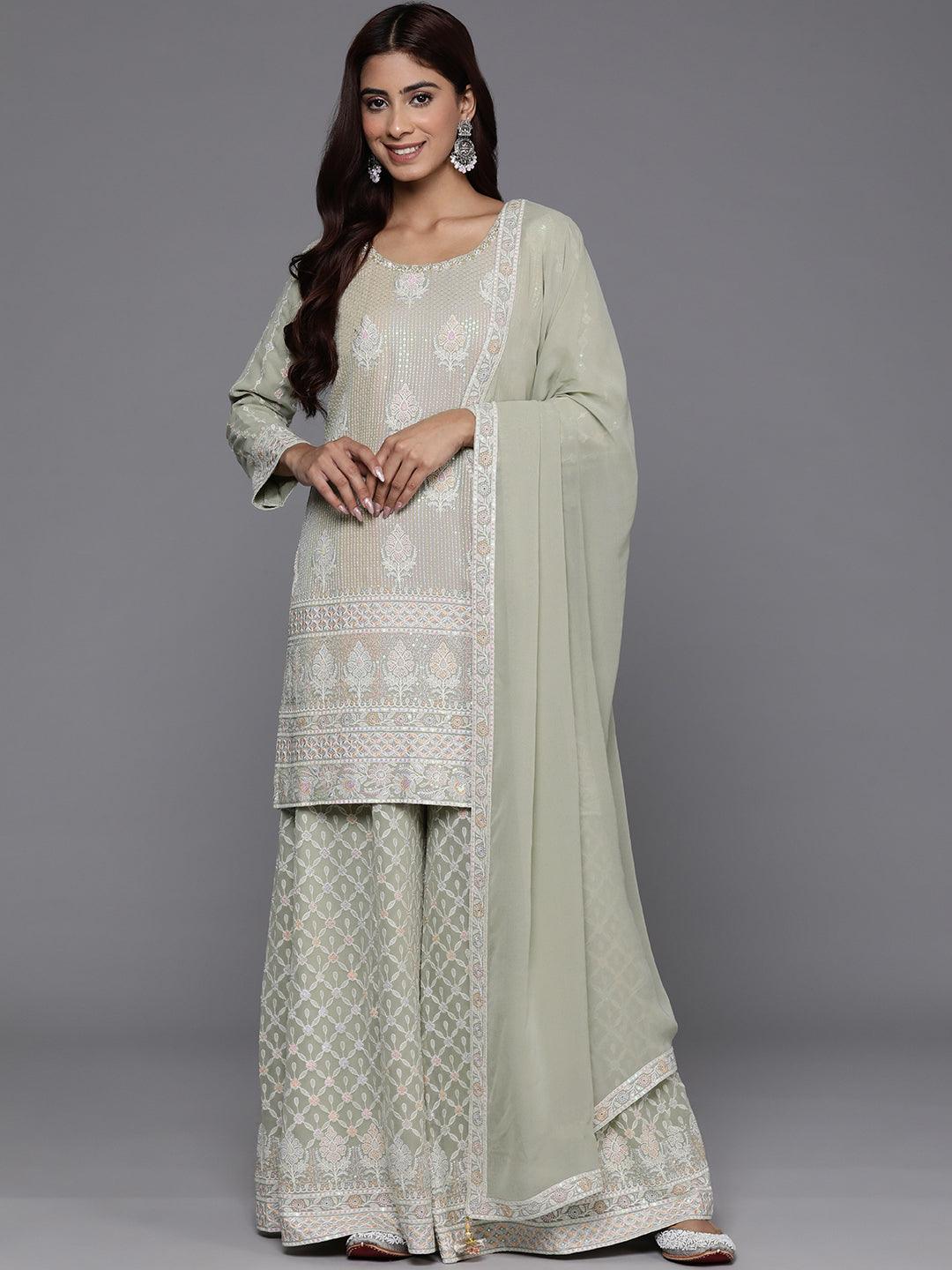 Libas Art Green Self Design Georgette Straight Kurta With Palazzos & Dupatta - Libas