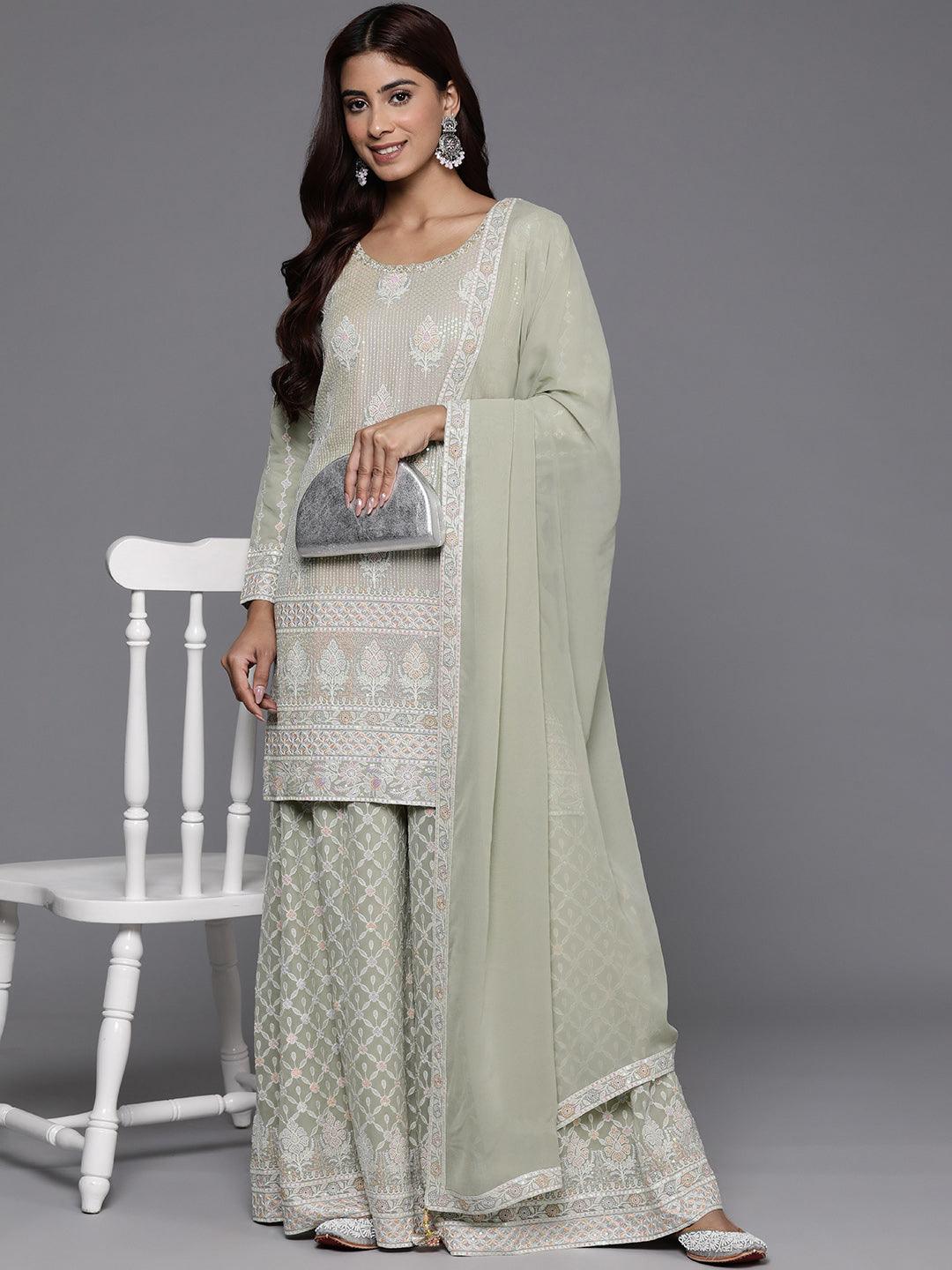 Libas Art Green Self Design Georgette Straight Kurta With Palazzos & Dupatta - Libas 