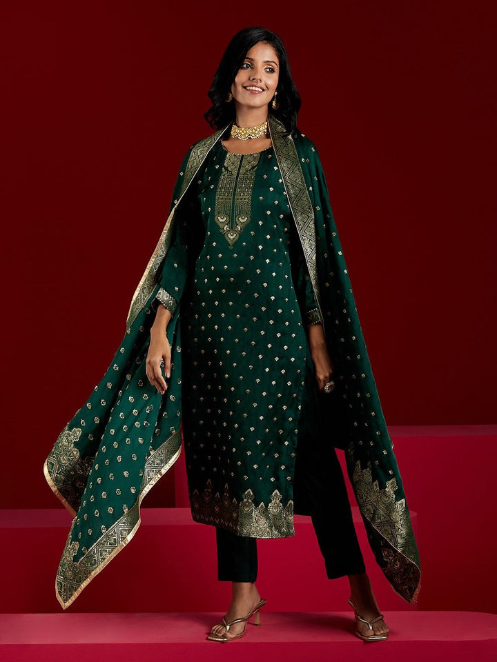 Libas Art Green Woven Design Silk Straight Kurta With Trousers & Dupatta - Libas