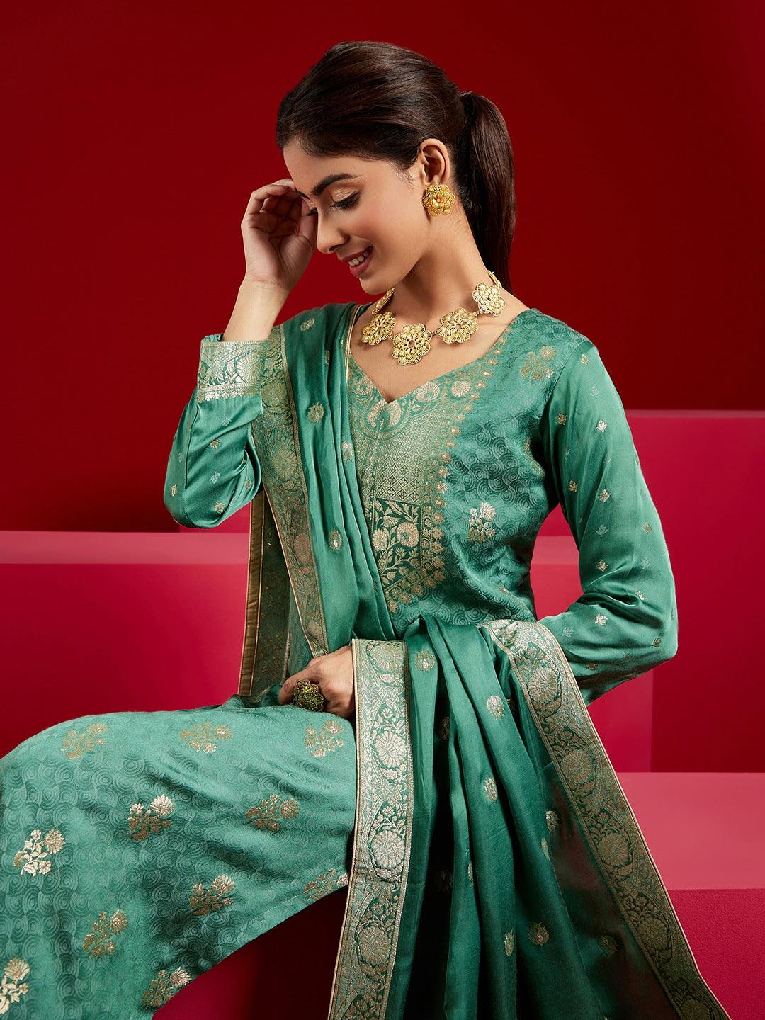 Libas Art Green Woven Design Silk Straight Suit With Dupatta - Libas 