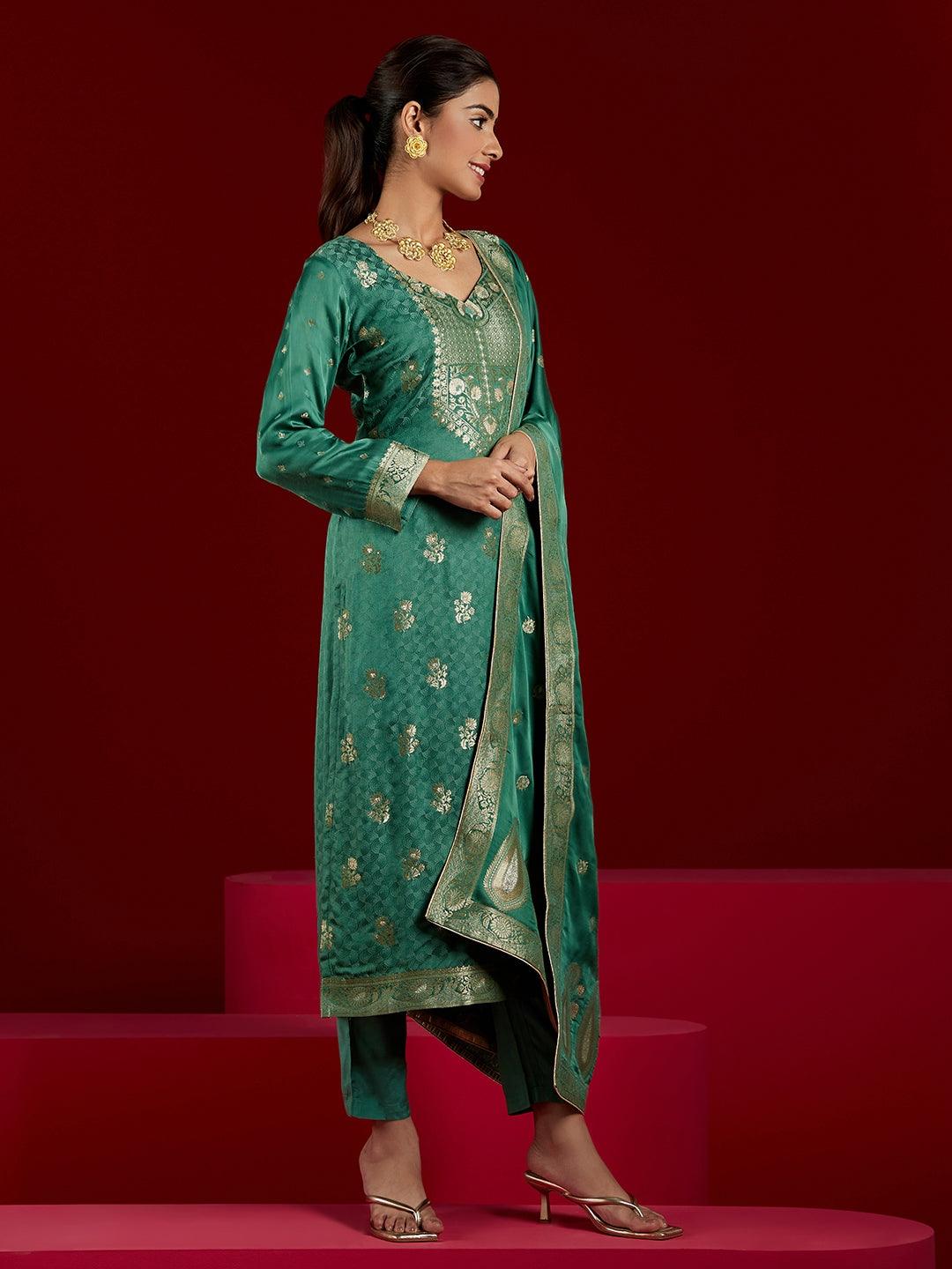 Libas Art Green Woven Design Silk Straight Suit With Dupatta - Libas 