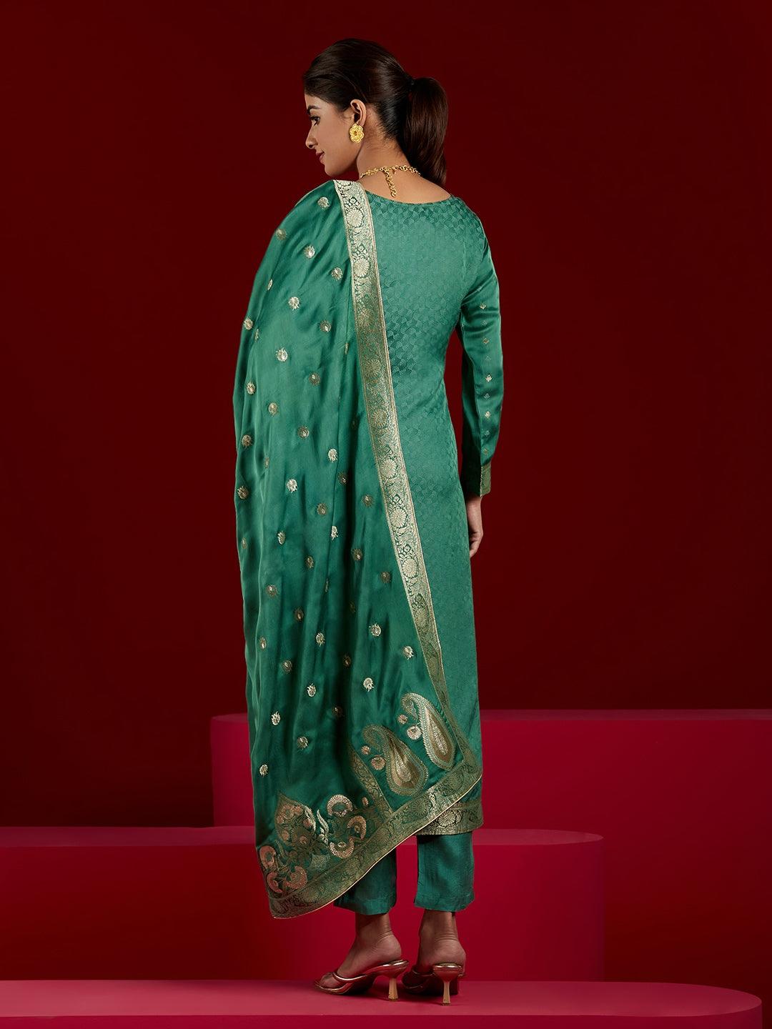 Libas Art Green Woven Design Silk Straight Suit With Dupatta - Libas 