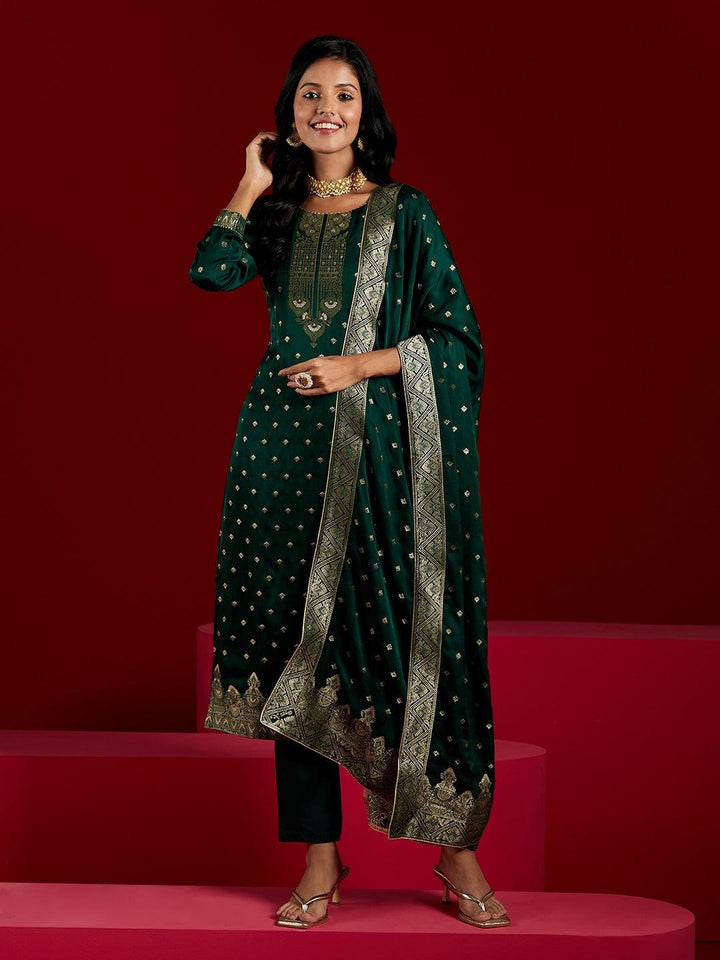 Libas Art Green Woven Design Silk Straight Kurta With Trousers & Dupatta - Libas