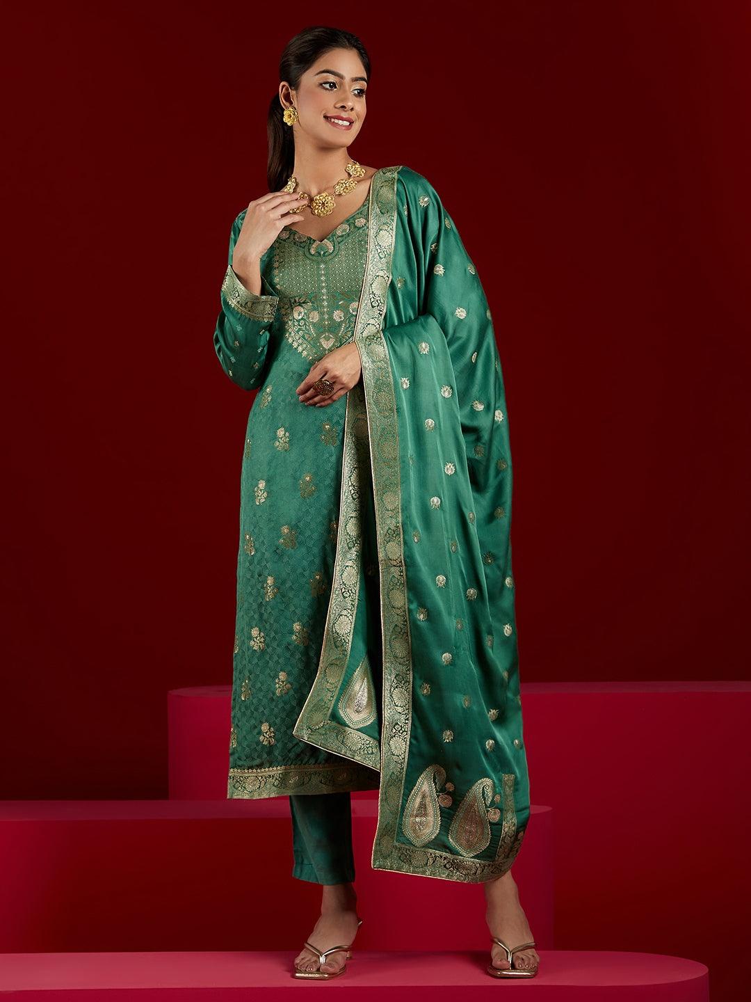 Libas Art Green Woven Design Silk Straight Suit With Dupatta - Libas 