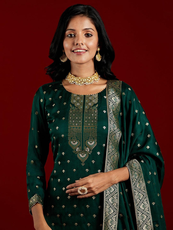 Libas Art Green Woven Design Silk Straight Kurta With Trousers & Dupatta - Libas